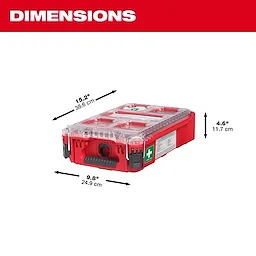 79PC PACKOUT First Aid Kit Dimensions: 15.2 inches (38.6 cm) long, 9.8 inches (24.9 cm) wide, and 4.6 inches (11.7 cm) high.