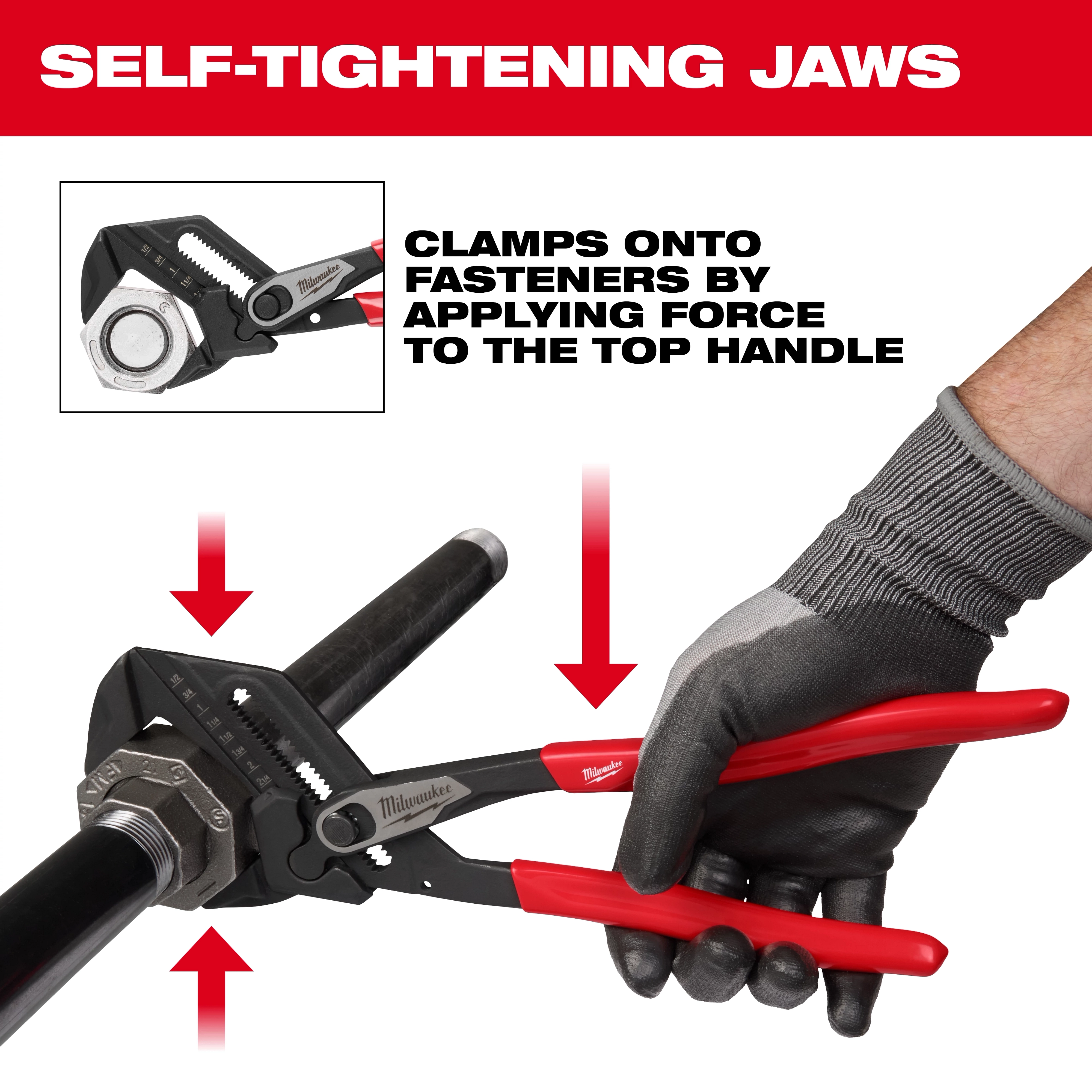 Pliers Wrench features self-tightening jaws and clamps onto fasteners by applying force to the top handle. A hand grips the wrench.