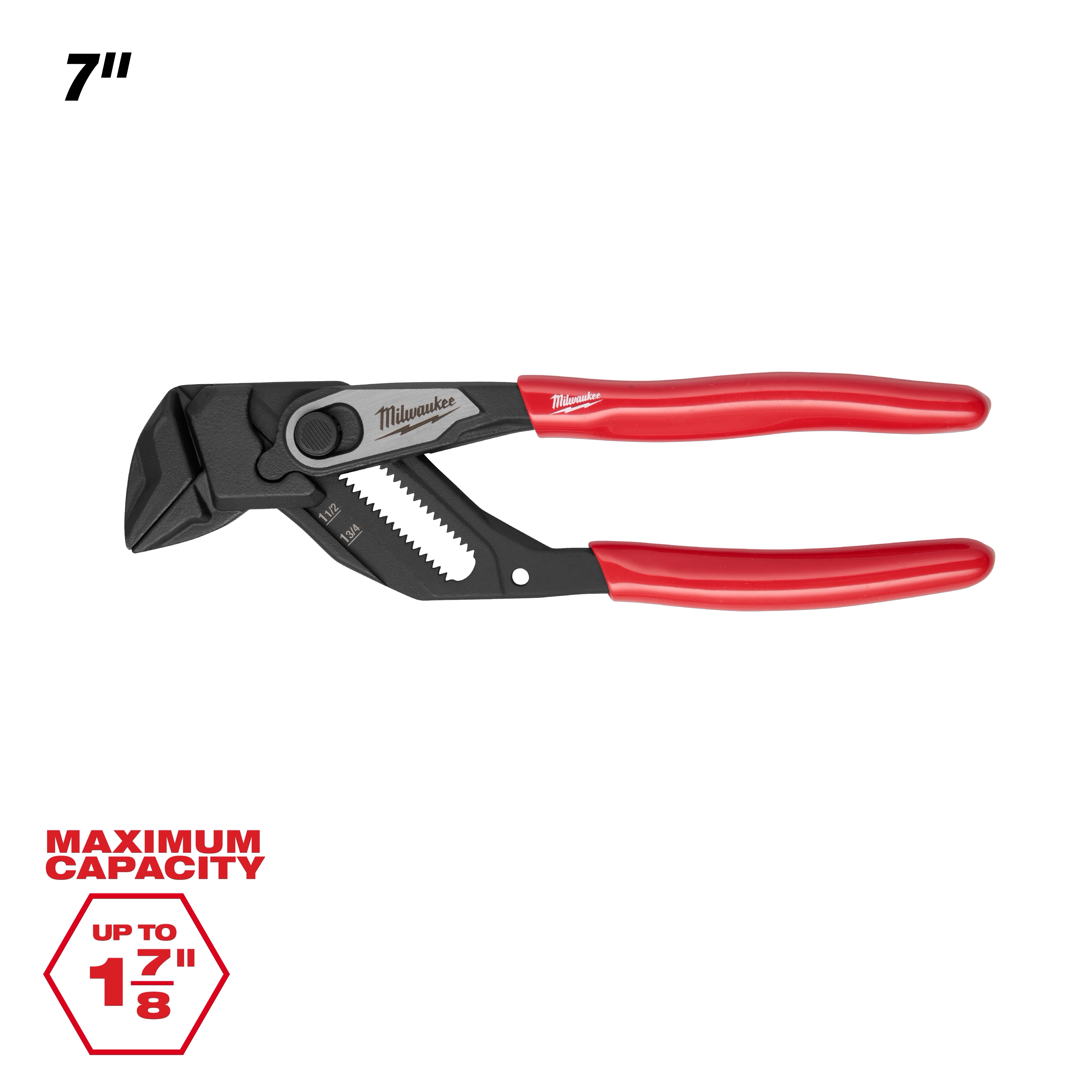 7" Pliers Wrench with red handles, black adjustable jaws, labeled with maximum capacity of up to 1 7/8 inches.
