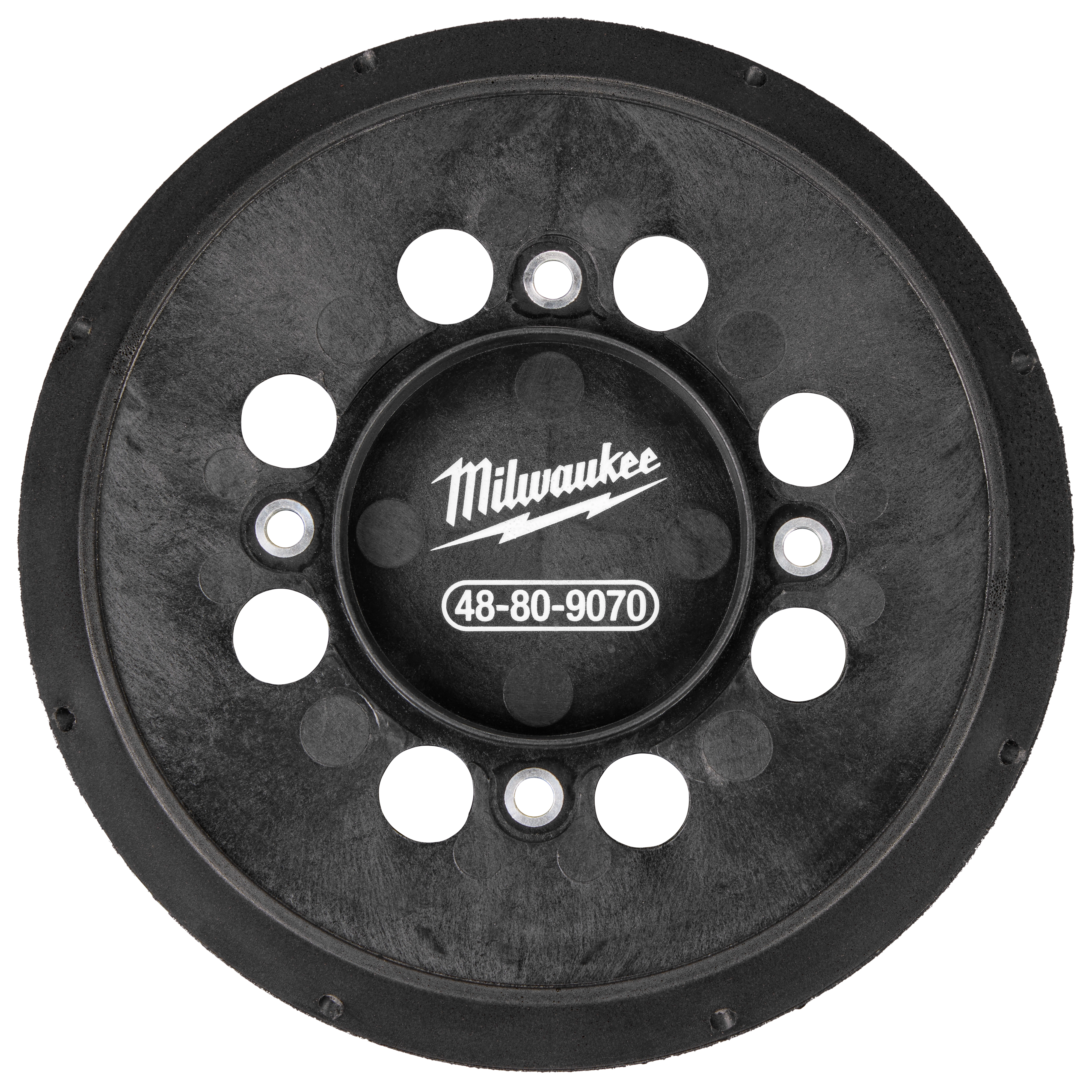 Image of the M18 FUEL 5" Random Orbital Sander Replacement Backing Pad. The black circular pad features multiple holes and has a "Milwaukee 48-80-9070" label at its center.