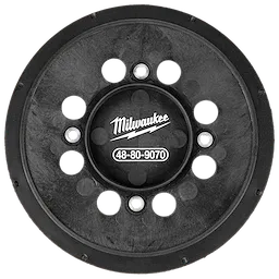 Image of the M18 FUEL 5" Random Orbital Sander Replacement Backing Pad. The black circular pad features multiple holes and has a "Milwaukee 48-80-9070" label at its center.