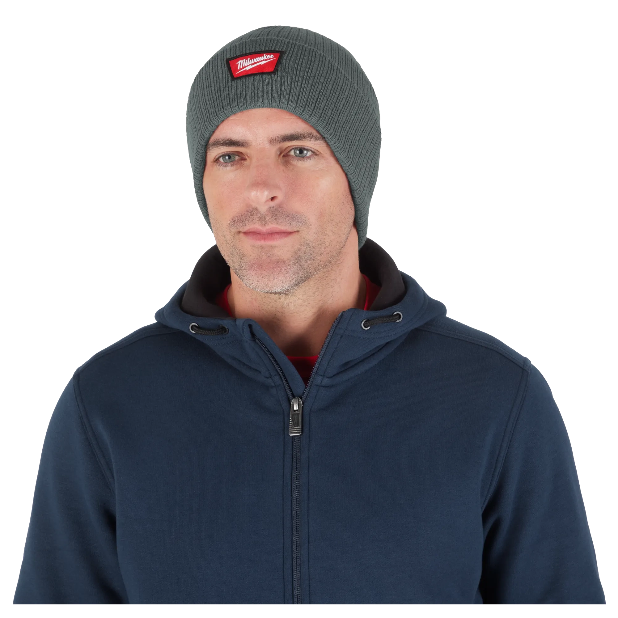 Image of a man wearing the Milwaukee Rib-Knit Cuffed Beanie in green