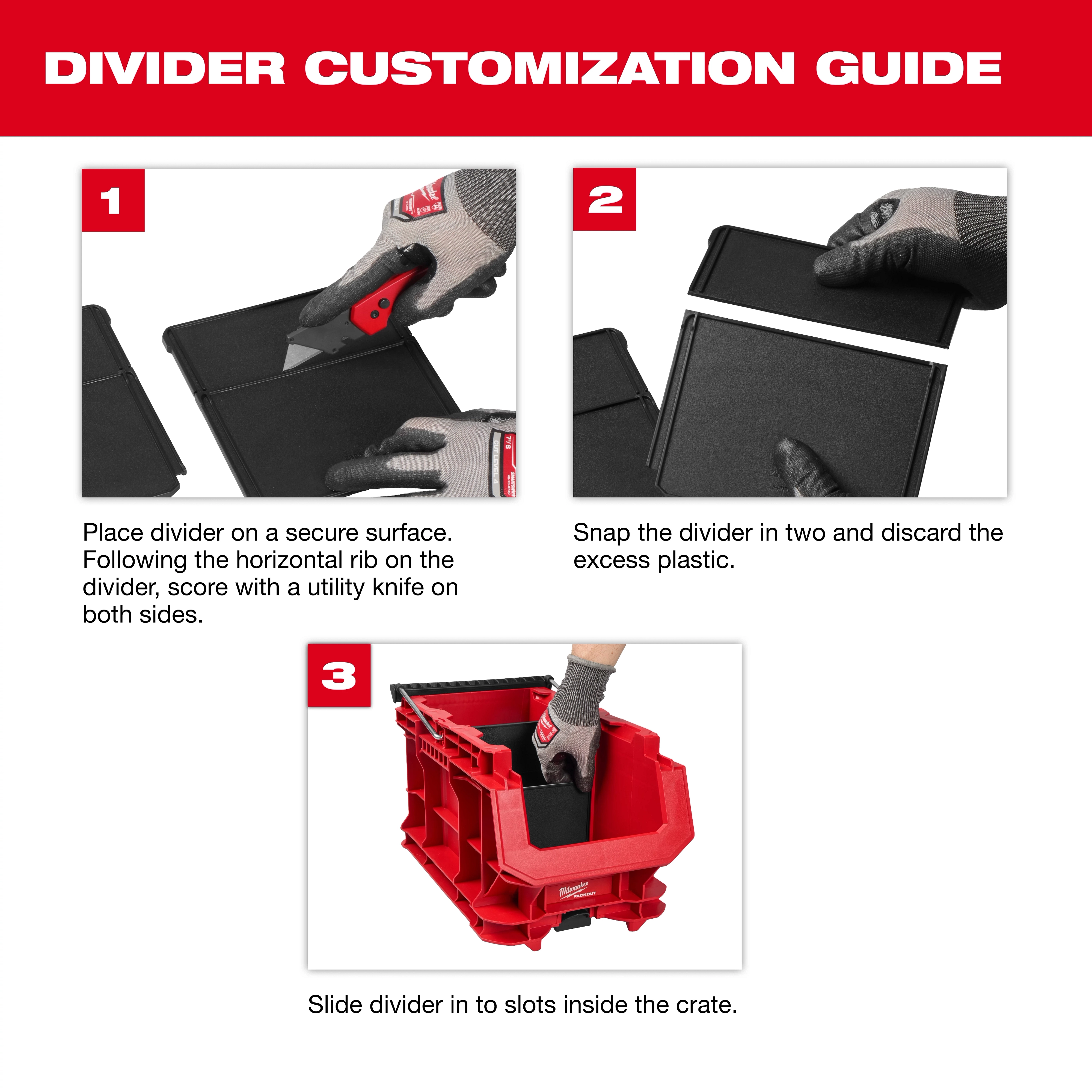 Gloved hands customize a divider and insert it into a red PACKOUT Compact Crate.
