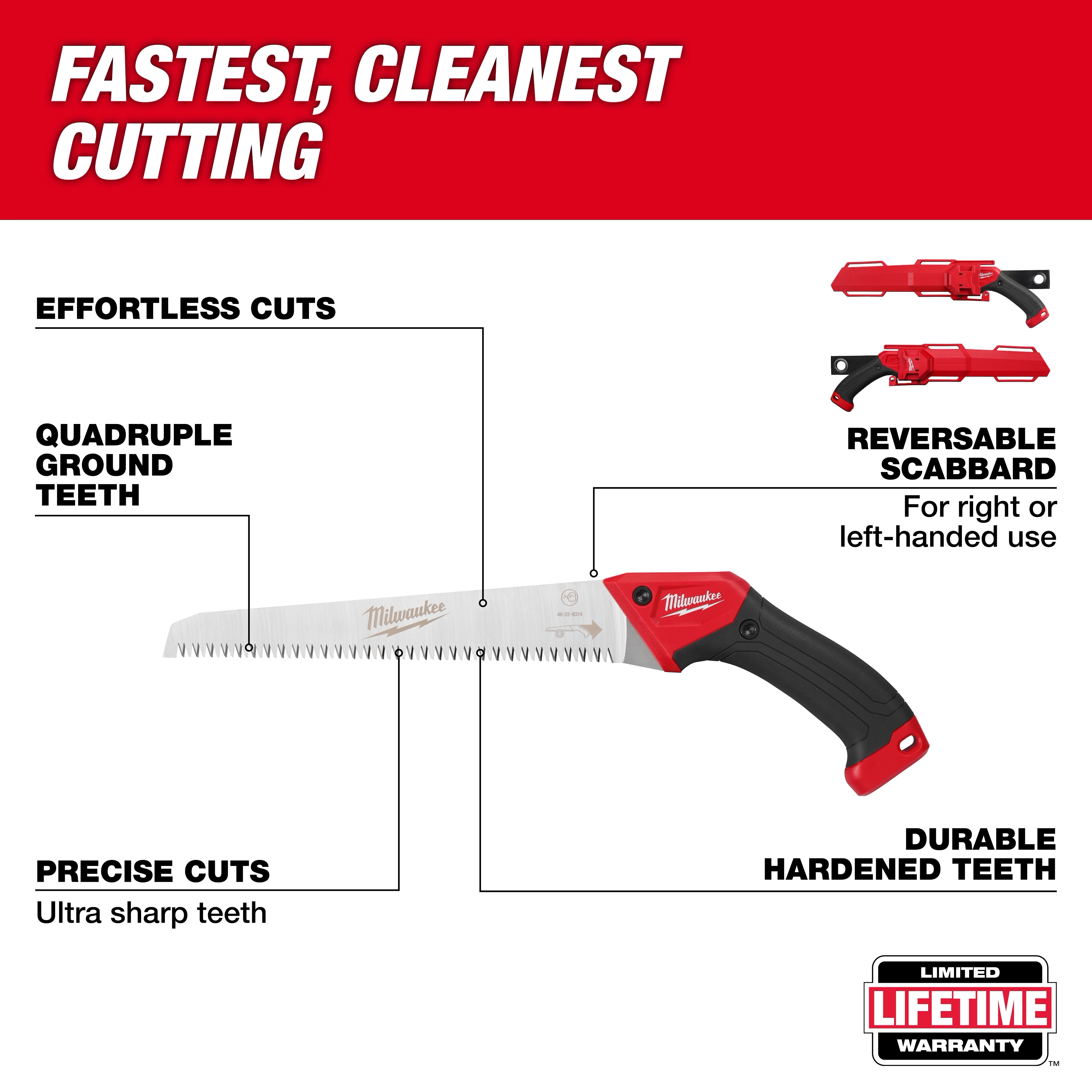 10” Fixed Pruning Saw – Straight Blade with red and black handle, straight toothed blade, and red reversible scabbard.