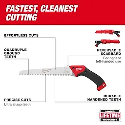 10” Fixed Pruning Saw – Straight Blade with red and black handle, straight toothed blade, and red reversible scabbard.