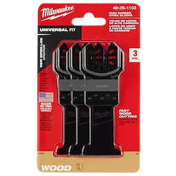 Milwaukee Open-Lok 1-3/8" HCS Wood Multi-Tool Blade 3PK in a red and black packaging labeled "Universal Fit" and "Fast Wood Cutting."