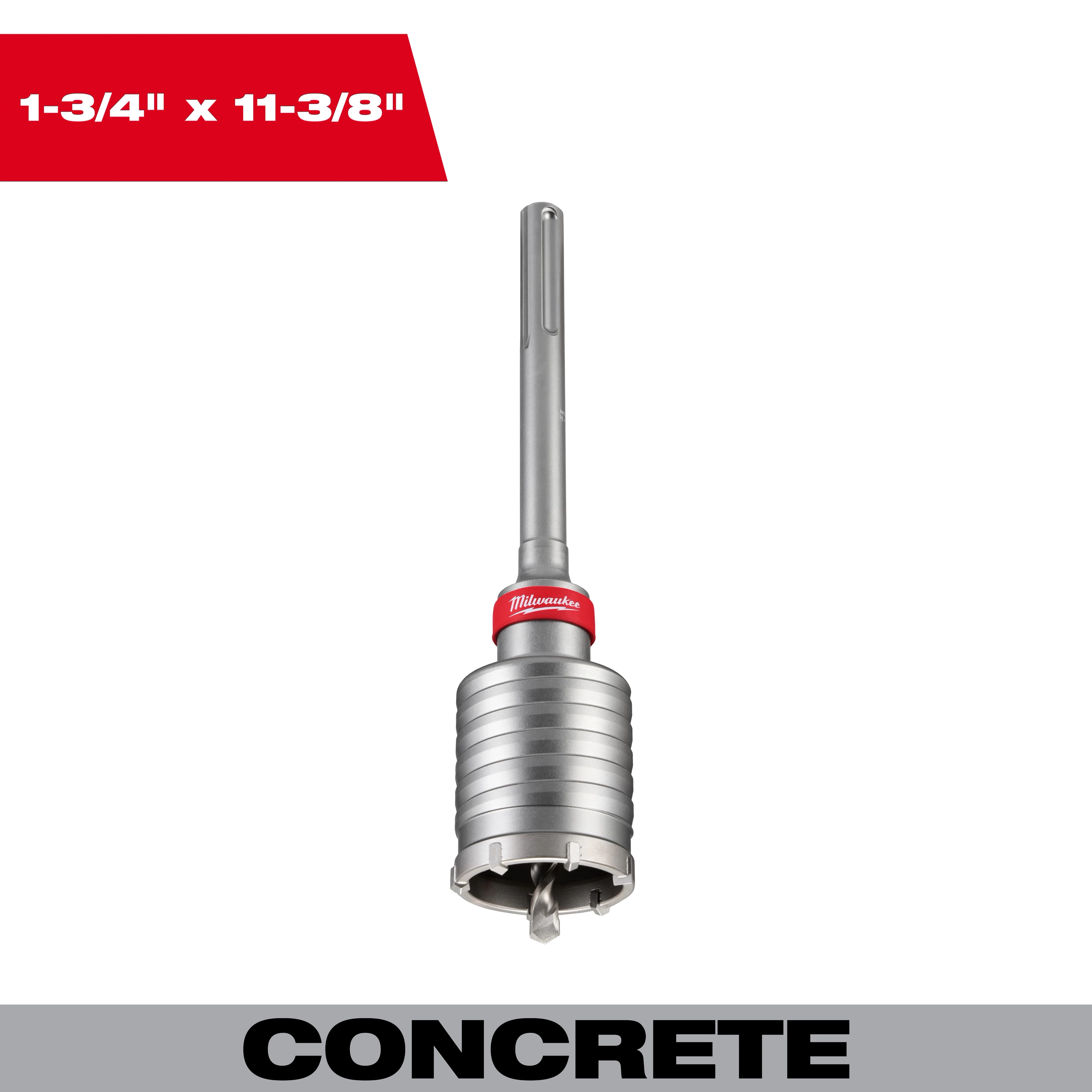 1-3/4" x 11-3/8" One Piece SDS Max Core Bit shown with a metallic finish, designed for concrete drilling.