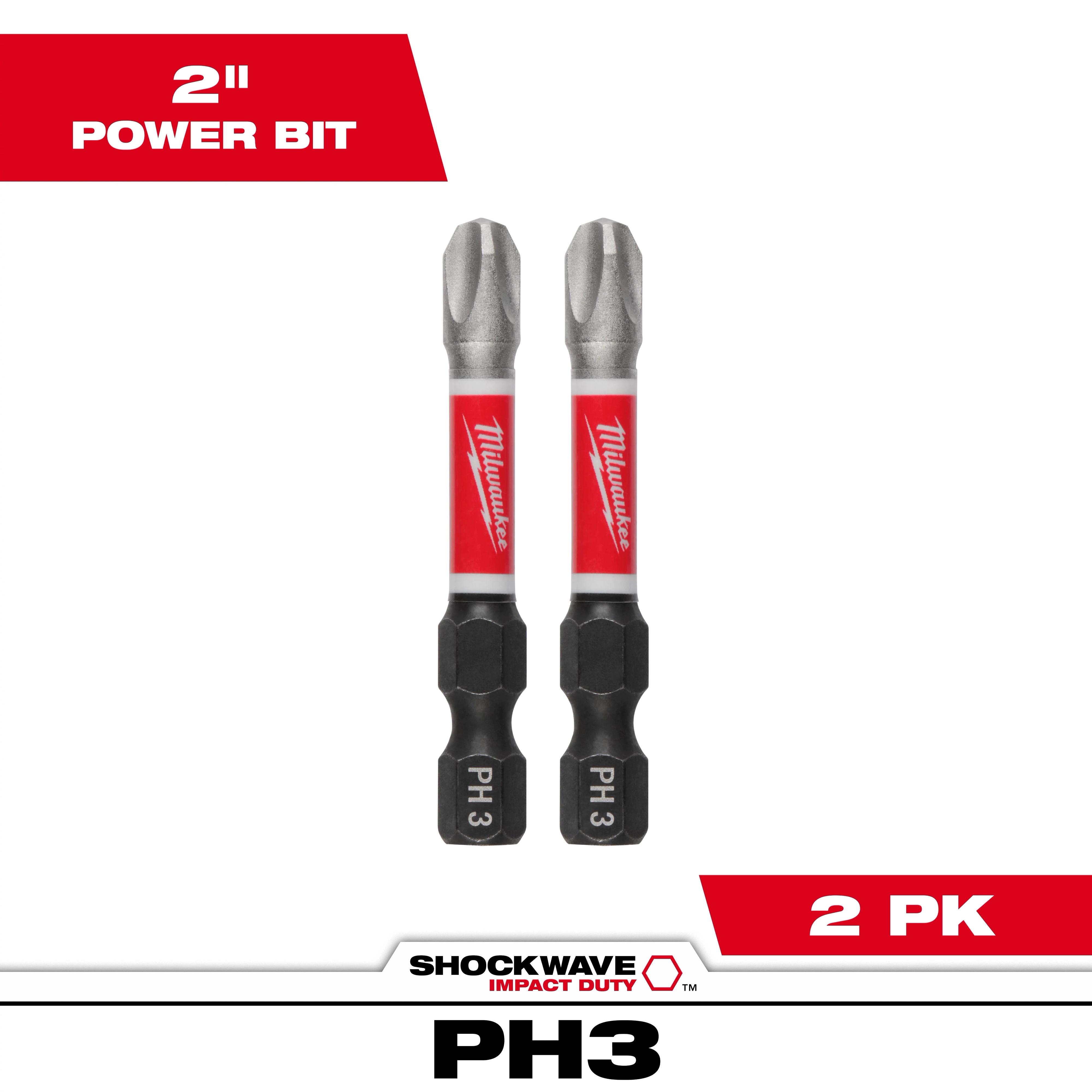 This image shows two SHOCKWAVE™ Impact Duty 2" PH3 Bits. The bits feature red and black markings, with “Milwaukee” written on the red section and "PH 3" on the black portion. The packaging includes two bits labeled as "2 PK".