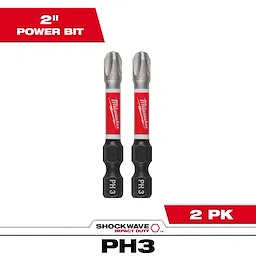 This image shows two SHOCKWAVE™ Impact Duty 2" PH3 Bits. The bits feature red and black markings, with “Milwaukee” written on the red section and "PH 3" on the black portion. The packaging includes two bits labeled as "2 PK".