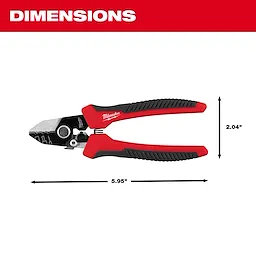 The image shows a Milwaukee Tri-Hole Fiber Stripper with red and black handles, measuring 5.95 inches in length and 2.04 inches in height. The tool is designed for precise stripping of fiber optic cables.