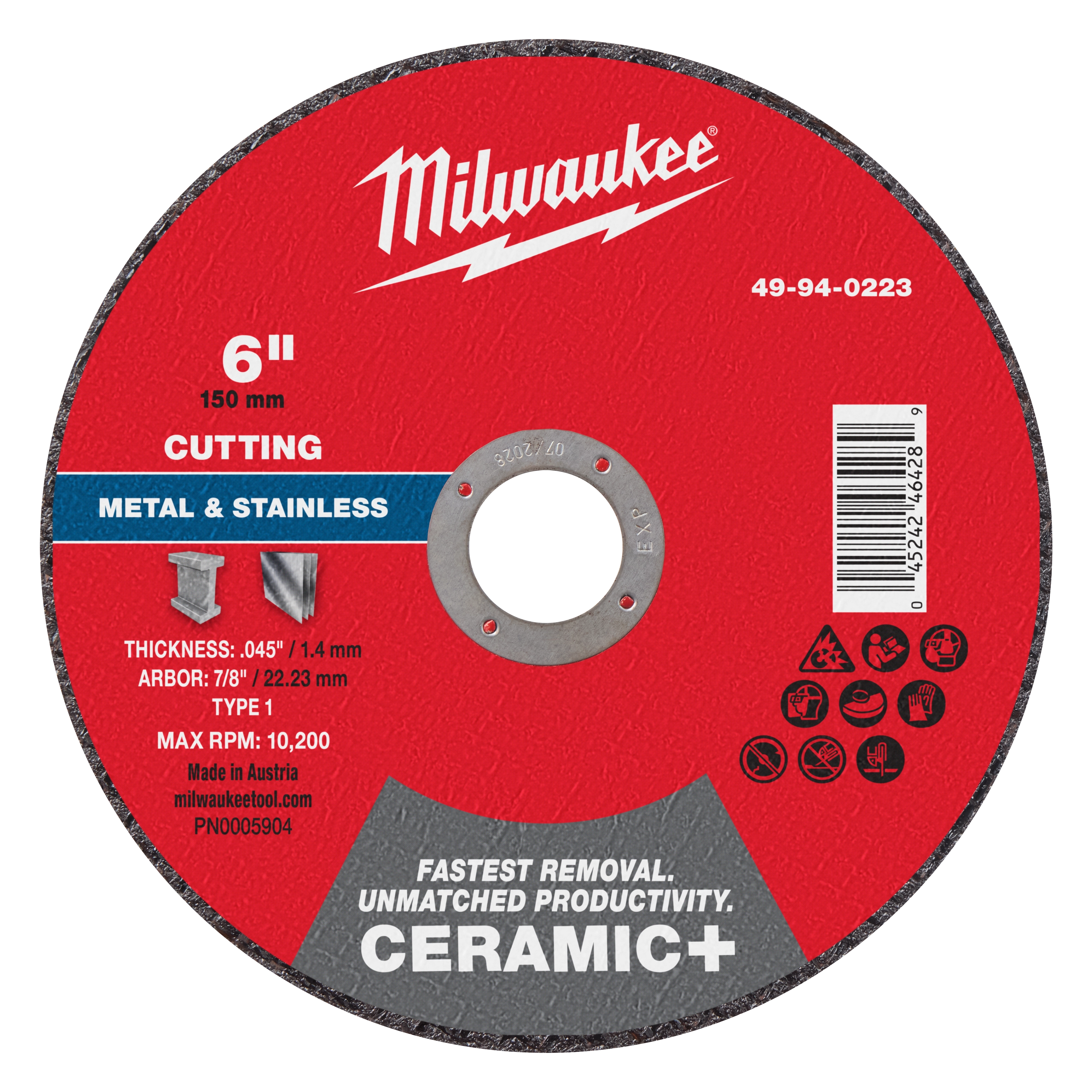 6"x .045" x 7/8" Ceramic+ Metal Cut Off Wheel - Type 1, red disc designed for cutting metal and stainless, with product details.