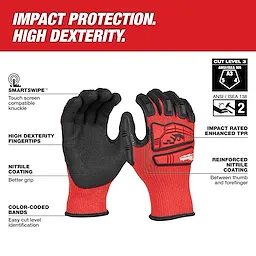 IMPACT CUT 3 NITRILE DIP GLOVE offers high dexterity, impact protection, nitrile coating for better grip, and touchscreen compatibility.