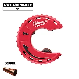 Milwaukee Copper Tubing Cutter with a cut capacity of 1 inch, featuring a red, circular, jagged-edged design and a visible copper tube for cutting demonstration.