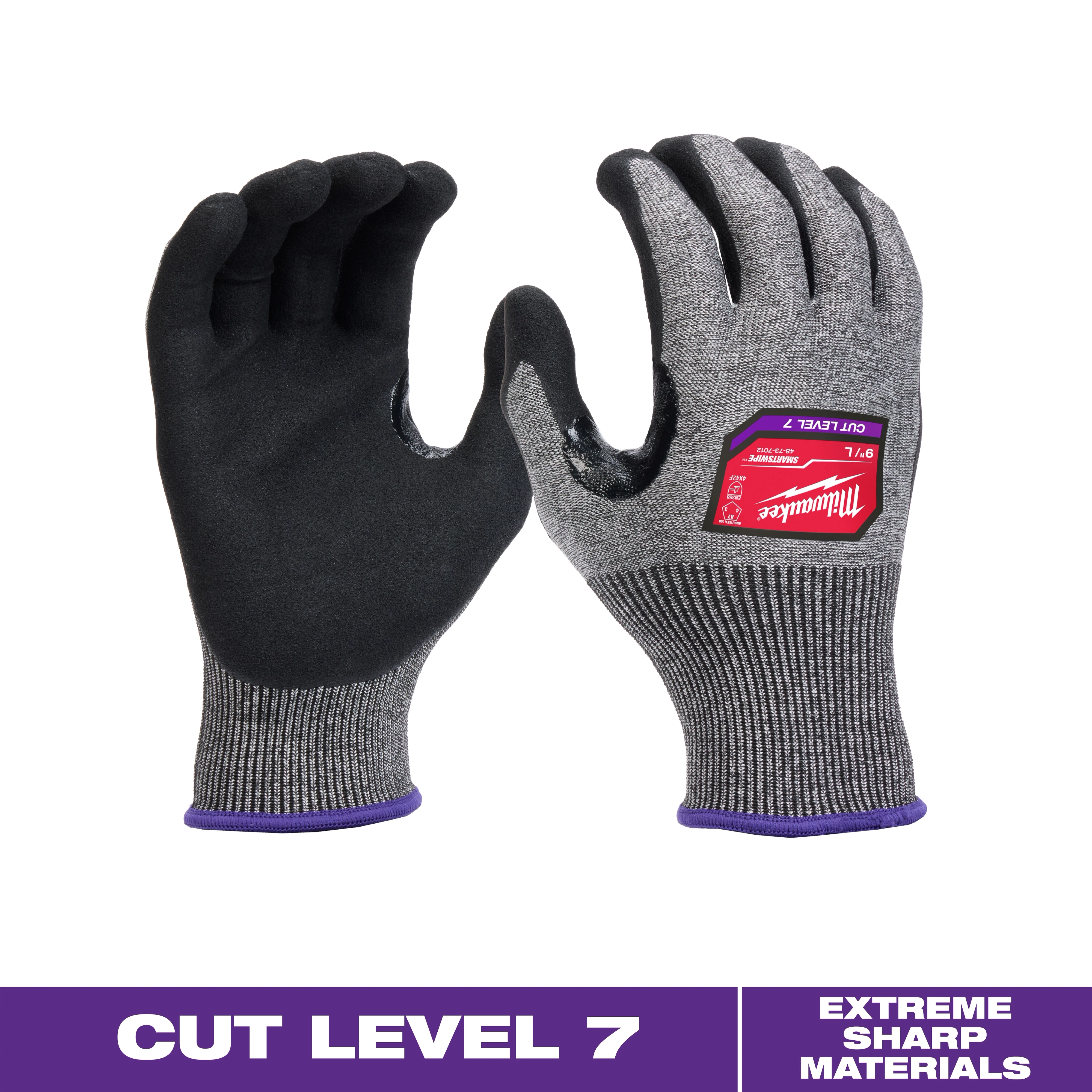 Cut Level 7 High-Dexterity Nitrile Dipped Gloves with grey knit fabric, black nitrile-dipped palms, and purple cuffs, labeled A7.
