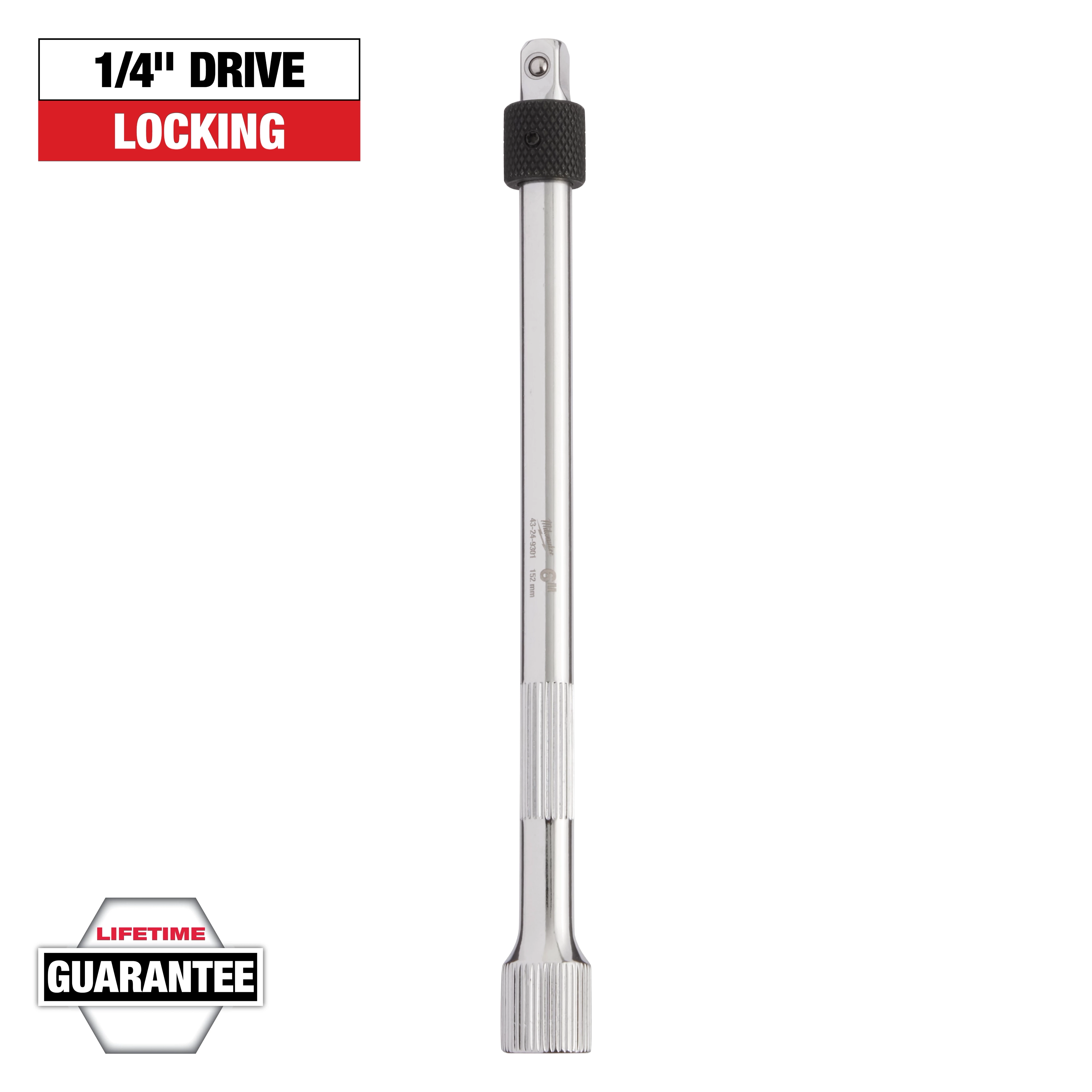The image shows a 1/4" drive locking extension bar. The bar is made of chrome and features a knurled grip. There is a "Lifetime Guarantee" badge at the bottom left and a "1/4'' Drive Locking" label at the top left.