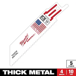 Milwaukee Sawzall reciprocating saw blade designed for cutting thick metal, measures 4 inches in length and has 10 TPI (teeth per inch). The blade is made in the USA with global materials. The image indicates the pack contains five blades. The text "Thick Metal" is printed on the blade.