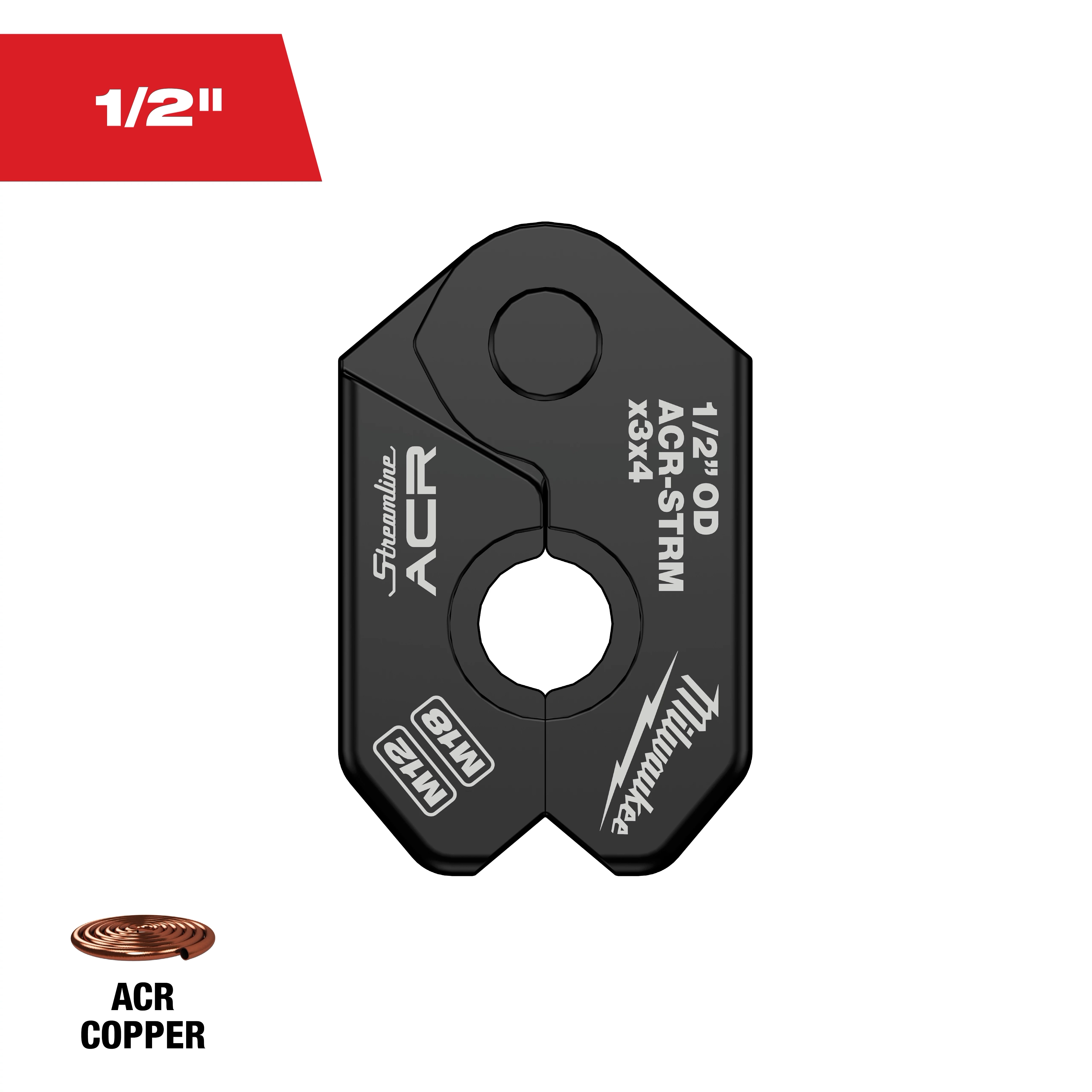 The 1/2" Streamline® ACR Pivoting Press Ring is a black metallic tool designed for copper pipes, featuring a pivoting mechanism for secure connections. It displays "1/2" OD ACR-STRM X3X4" and the Milwaukee brand logo in white text on its surface.