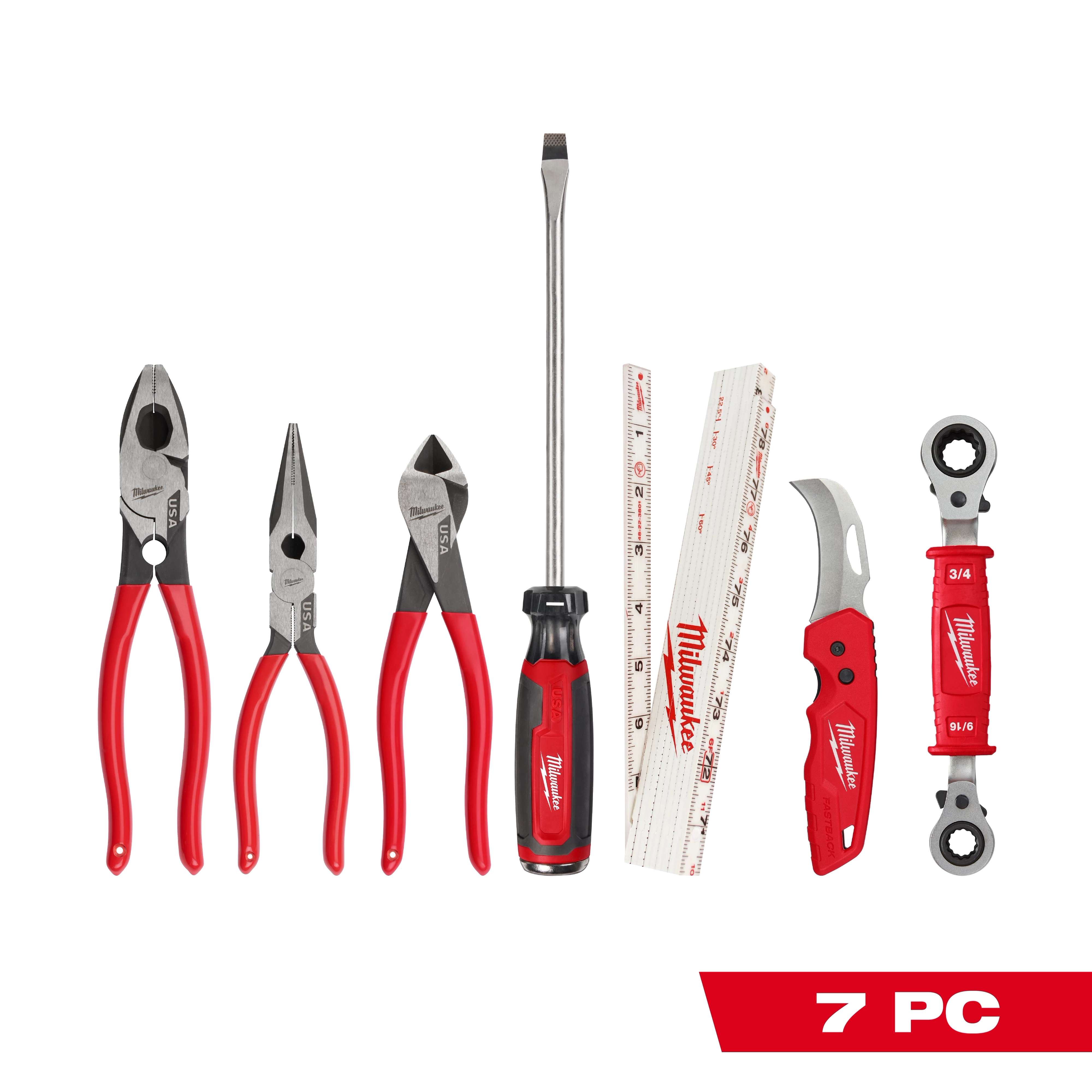 The 7 PC. Power Utility Hand Tool Set includes pliers, needle nose pliers, diagonal cutters, a screwdriver, a folding ruler, a utility knife, and a multi-socket wrench. The handles are red with black accents, and the tools have the Milwaukee brand logo.