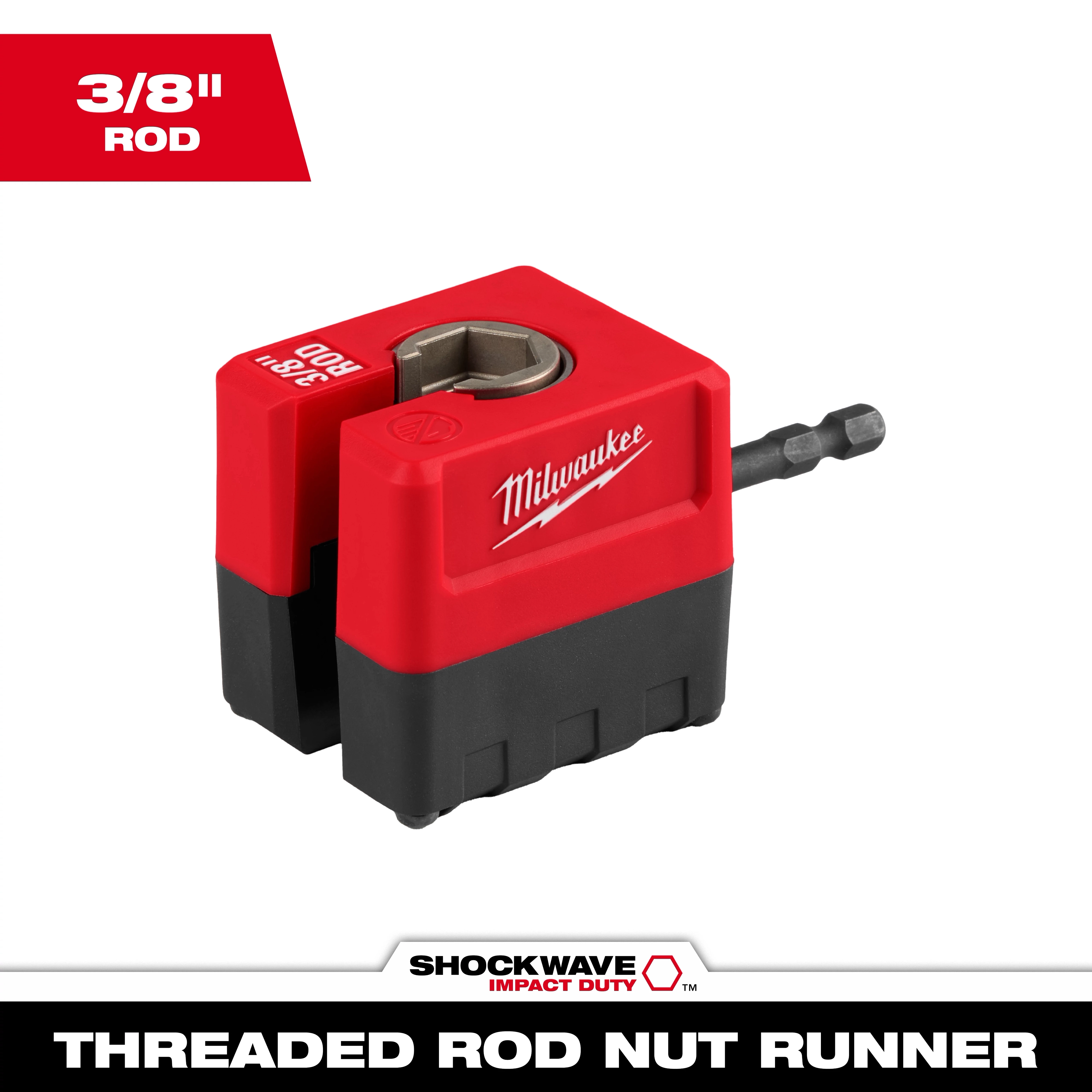The SHOCKWAVE™ Impact Duty 3/8" Threaded Rod Nut Runner is a red and black tool with "Milwaukee" branding. It features a 3/8" rod slot and a hex drill bit. It is designed for high-impact applications and efficient threading of nuts onto rods.