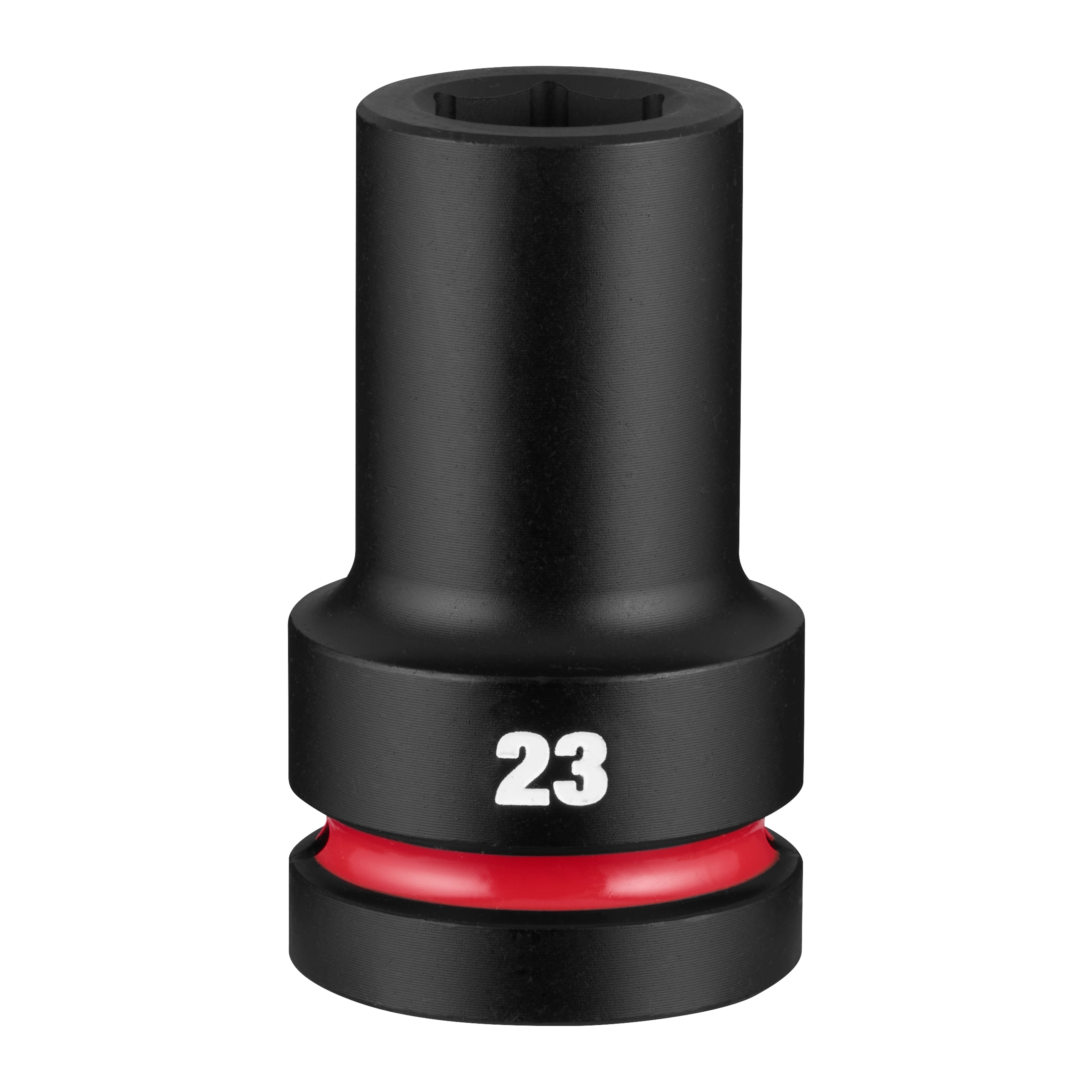 SHOCKWAVE Impact Duty 1" Drive 23mm Deep 6 Point Socket standing upright with 23 marking and red ring near base.
