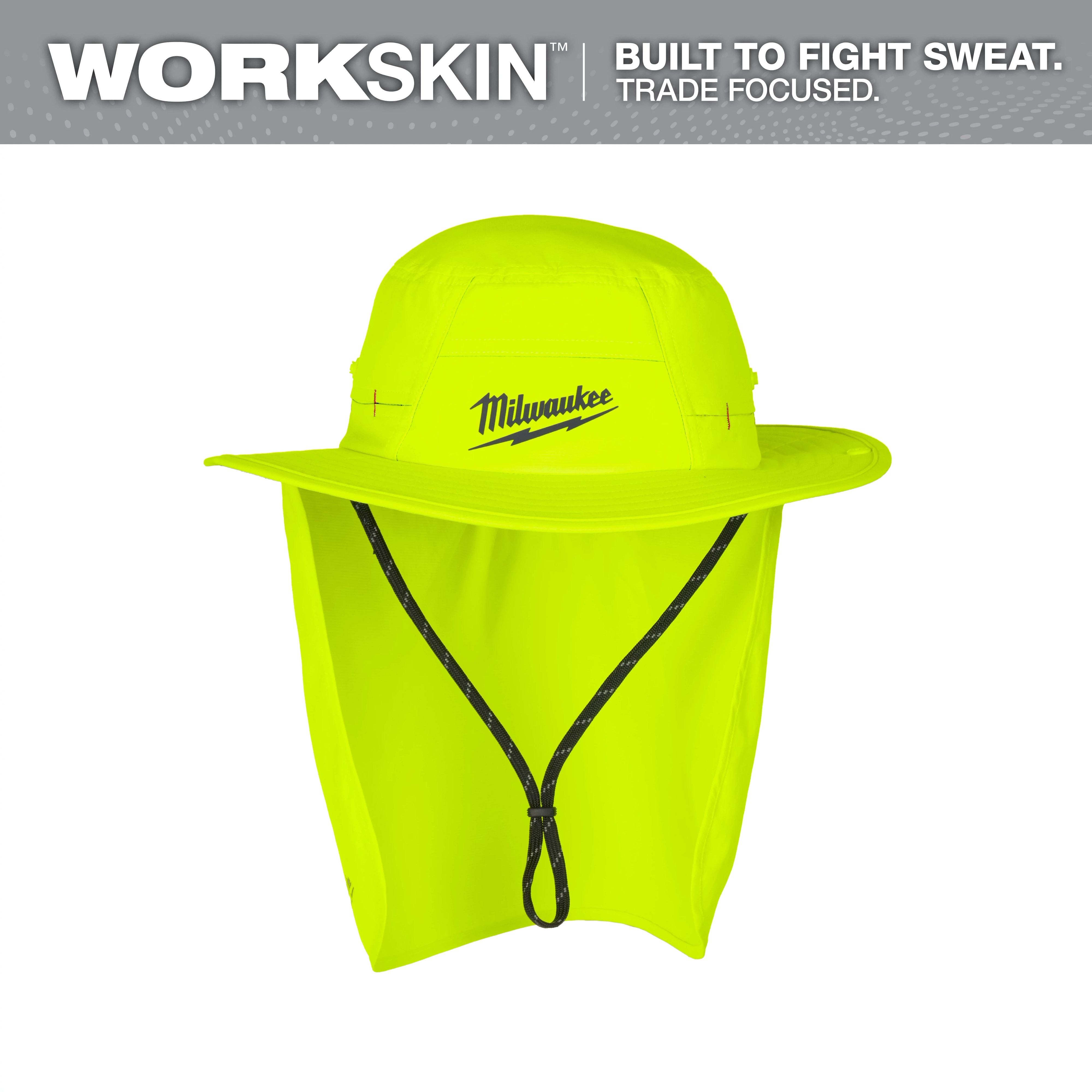 WORKSKIN Sunshade Hat - Yellow, a bright yellow wide-brim hat with neck coverage and an adjustable chin strap, by Milwaukee.