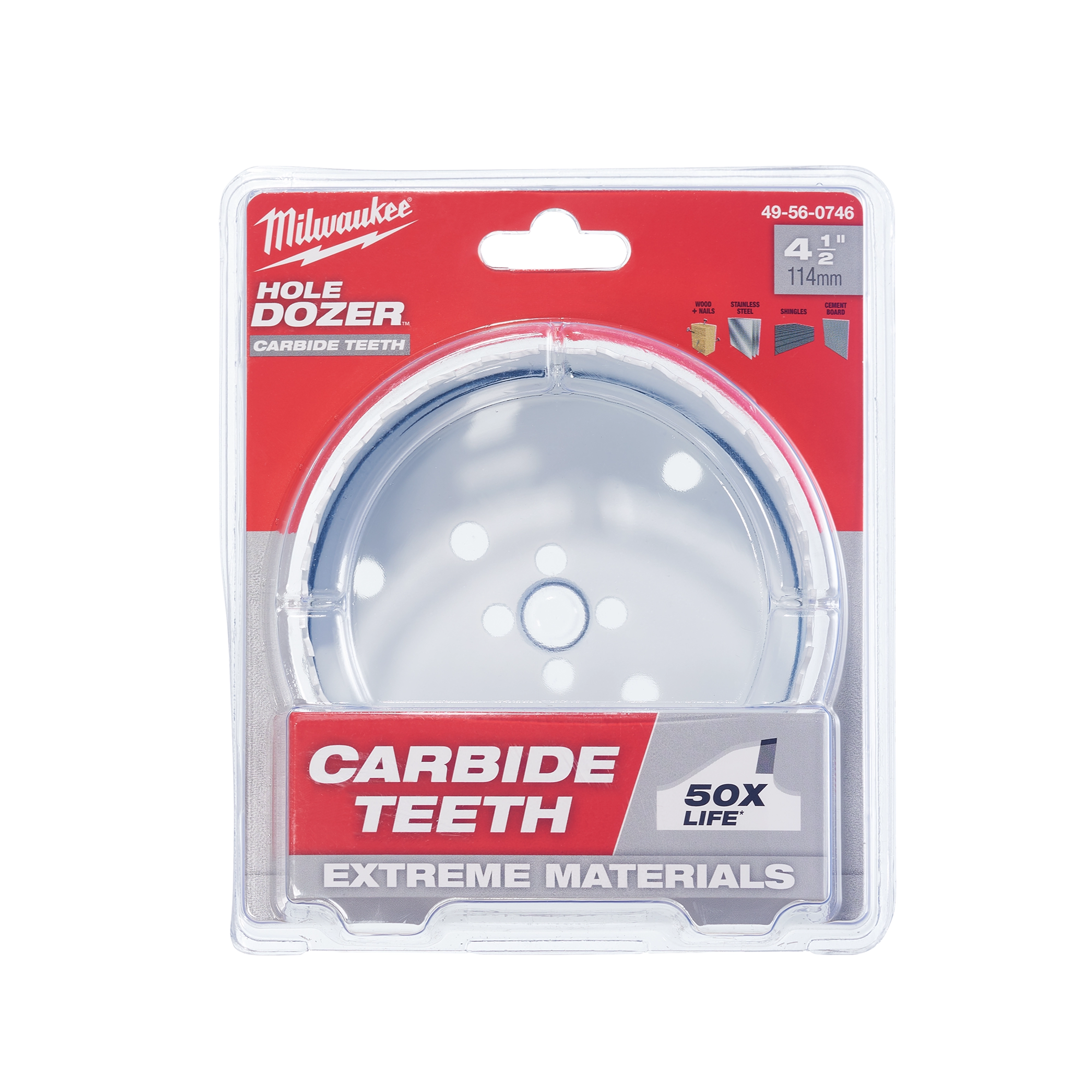 Milwaukee Hole Dozer Carbide Teeth circular saw blade for extreme materials, 4.5-inch diameter, 114mm, 50x life, in retail packaging.