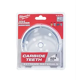 Milwaukee Hole Dozer Carbide Teeth circular saw blade for extreme materials, 4.5-inch diameter, 114mm, 50x life, in retail packaging.