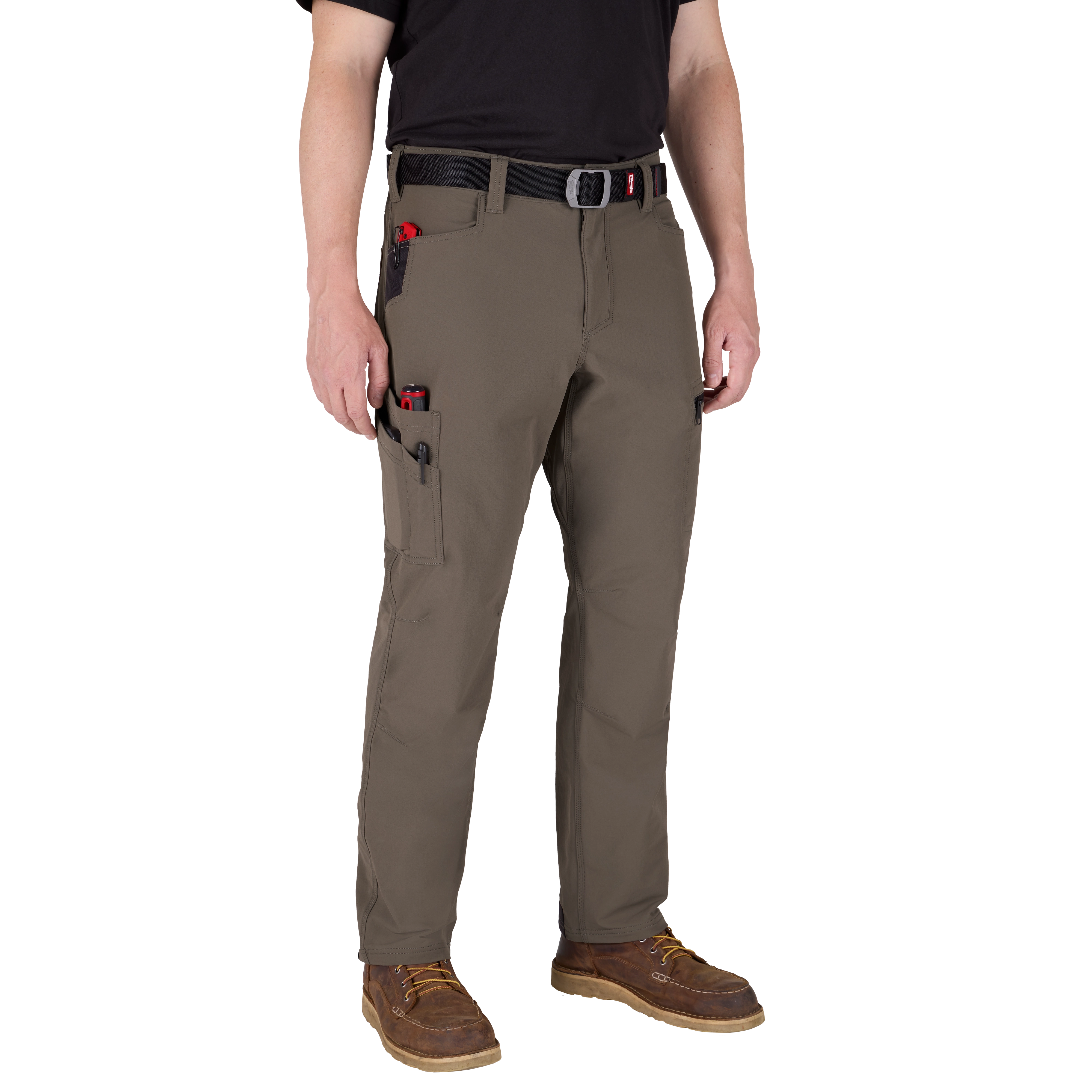 Man wearing brown Milwaukee Tool work pants and Milwaukee Tool belt