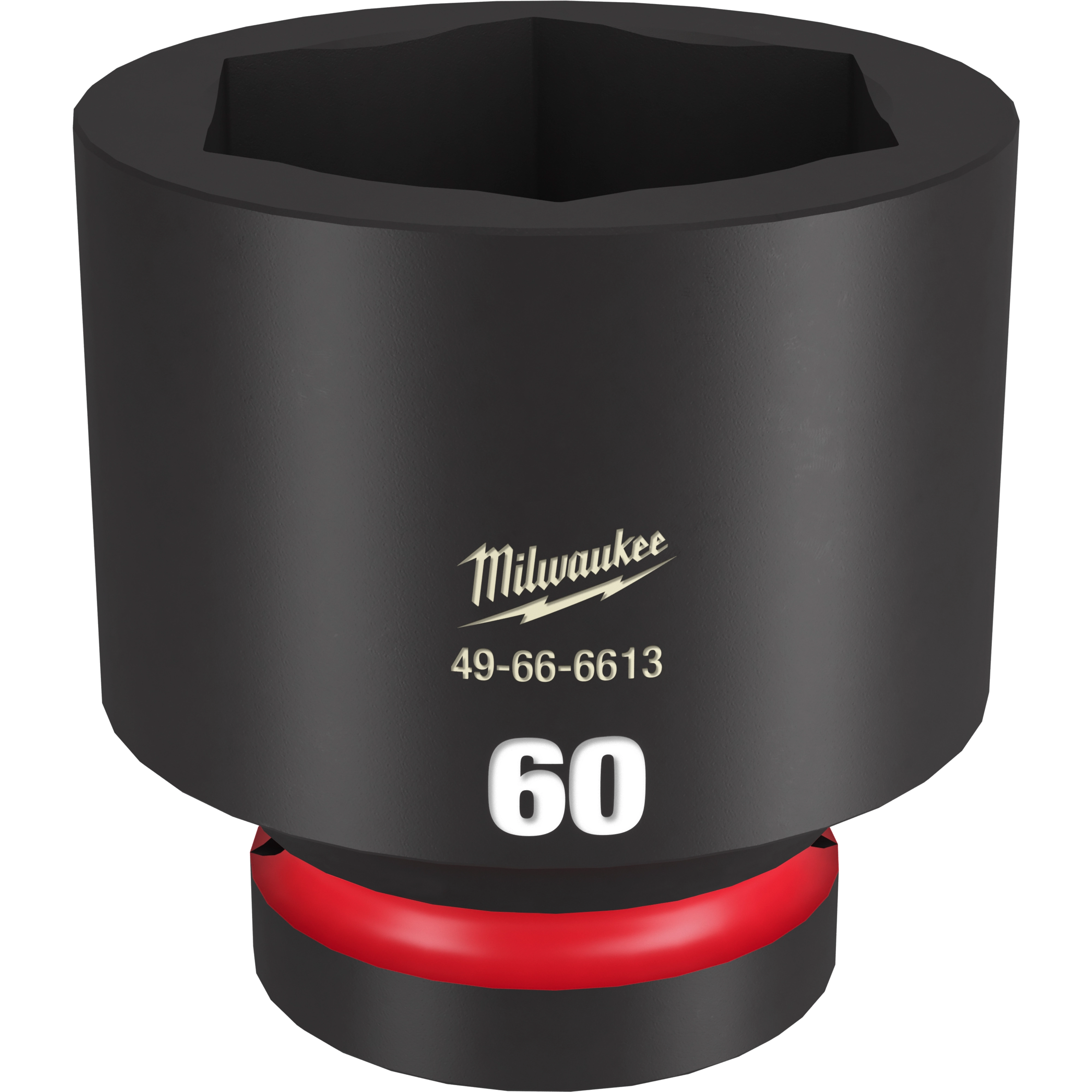 The 1" DR 60MM STD Impact Socket is a black, heavy-duty socket tool with the number 60 and a red ring at the base. The socket is marked with the model number 49-66-6613 and the brand name.