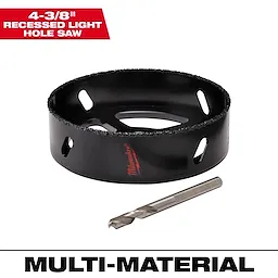 4-3/8" Recessed Light Hole Saw with carbide-grit edge for cutting drywall and ceiling tiles. Includes a detachable pilot bit.
