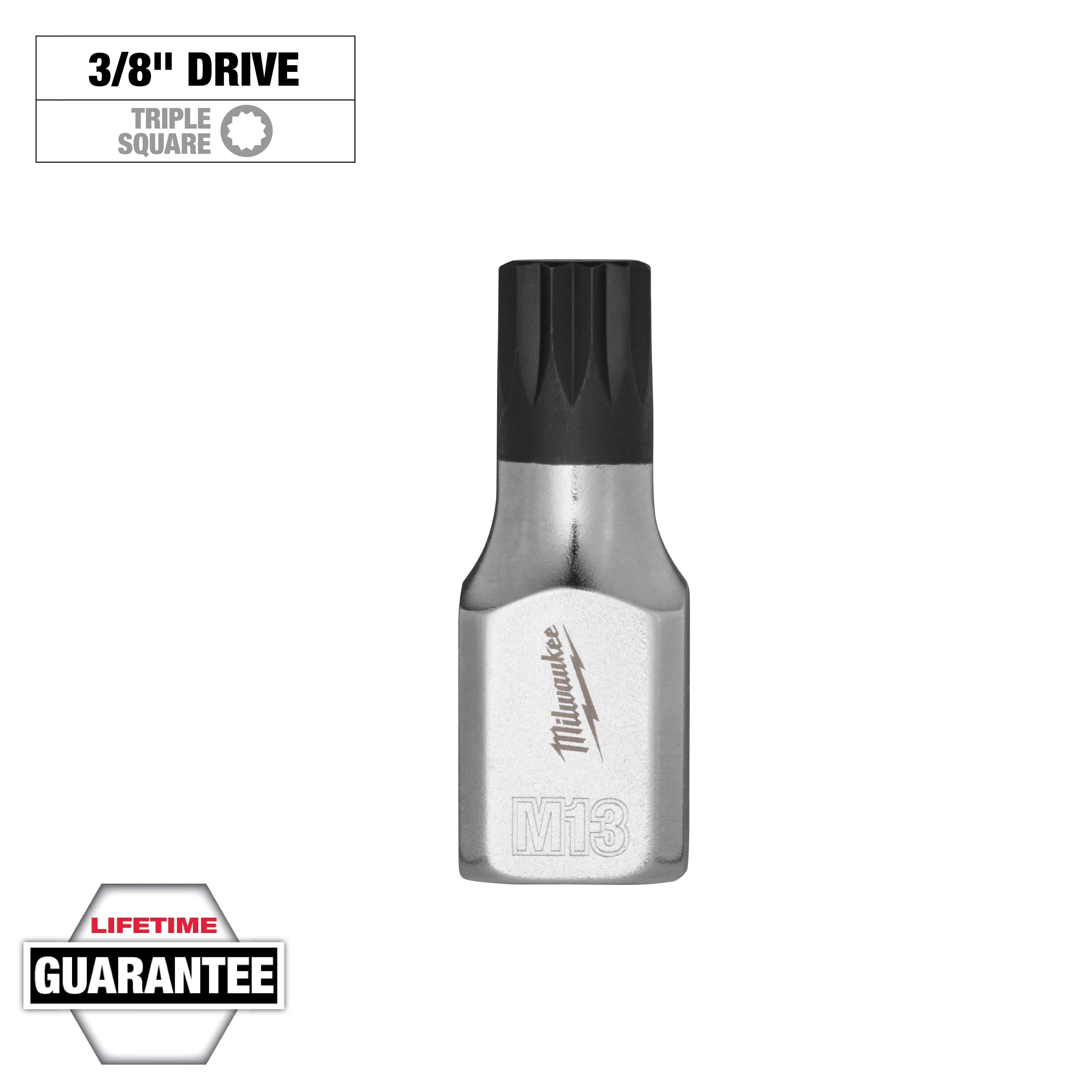 Silver 3/8" Drive 13mm Triple Square Bit Socket with black tip. Product includes a lifetime guarantee and the logo "M13" inscribed.