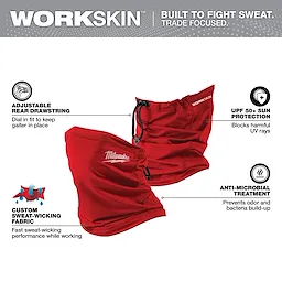 Red WORKSKIN Performance Neck Gaiter with adjustable drawstring, custom sweat-wicking fabric, UPF 50+ sun protection, and anti-microbial treatment.