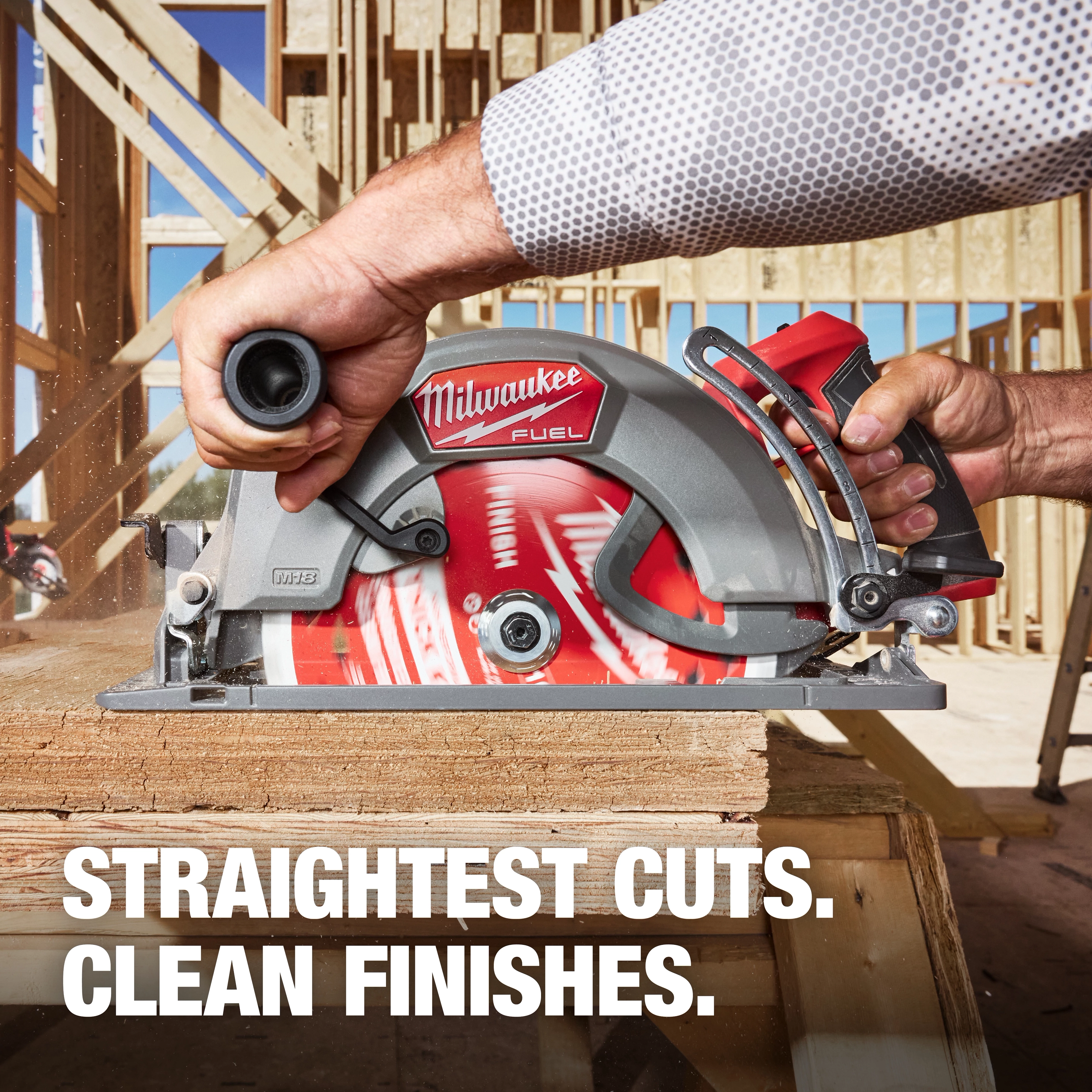 Circular saw using a 10-1/4" 40T Thick Kerf Finish Circular Saw Blade cutting wood at a framed construction site.