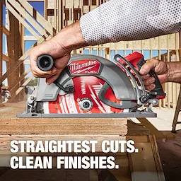 Circular saw using a 10-1/4" 40T Thick Kerf Finish Circular Saw Blade cutting wood at a framed construction site.