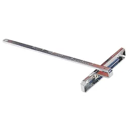 Rip Fence Kit, a metal device for guiding wood cuts, featuring an adjustable straight bar and perpendicular clamp attachment.