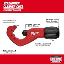 The 48-22-4259 is a Milwaukee tube cutter featuring rust-protected chrome rollers, tool-free blade change, smooth adjustment capability, and onboard blade storage. It has a cut capacity of 1/8" to 1-1/8" and comes with a limited lifetime warranty. Designed for straighter, cleaner cuts with four chrome rollers.