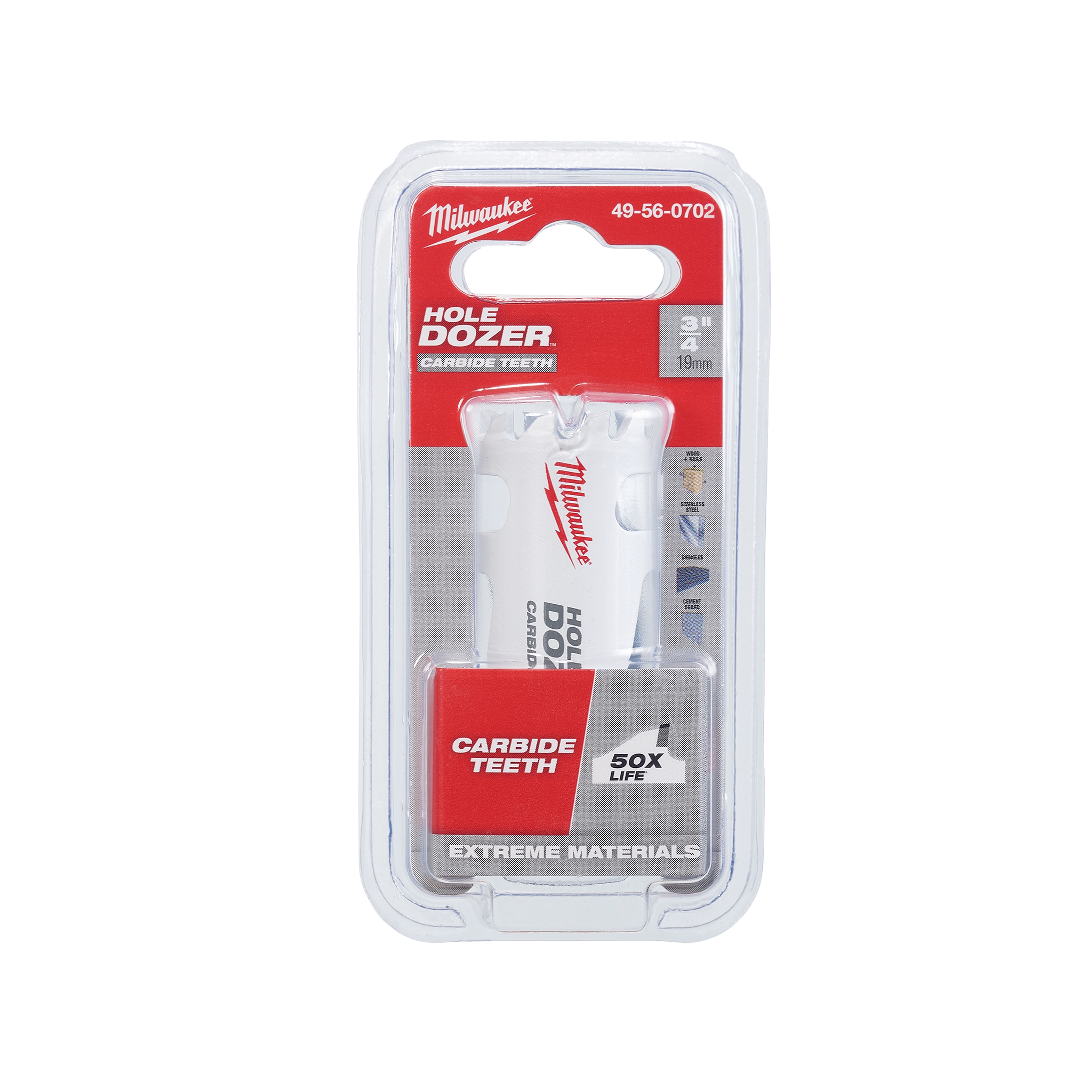 Milwaukee Hole Dozer Carbide Teeth, 3/4 inch (19mm) hole saw for extreme materials with 50 times longer life, in clear packaging.