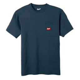 Heavy Duty Pocket T-Shirt - Blue, with a red and white logo on the left chest pocket. The shirt has short sleeves and a round neck.
