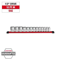 The image shows a 13-piece 1/2” Drive 12-Point SAE Socket Set arranged in a row on a red organizer. Above the sockets, text reads "1/2'' Drive, 12 PT, SAE." Below the row, there's a "Lifetime Guarantee" badge. Sockets vary in size from large to small.