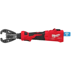 The M18 FORCE LOGIC 6T Linear Utility Crimper with Kearney Jaw (Tool Only) features a red and black design with a gripping handle, a crimping jaw, and the brand name printed on the side. It includes a wireless connectivity icon above the battery compartment on the right end.