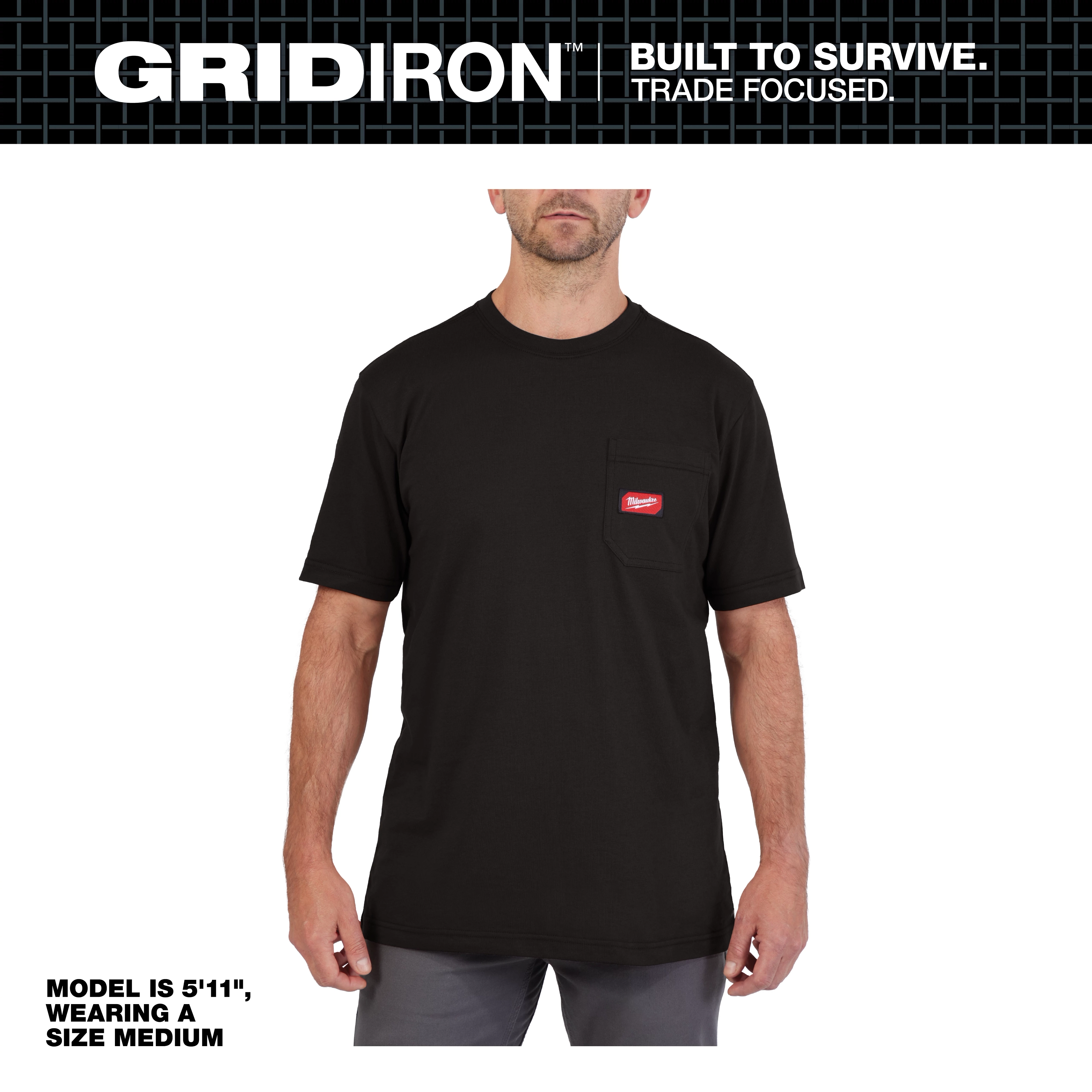 GRIDIRON Pocket T-Shirt - Short Sleeve in black, worn by a model who is 5'11" and wears a size medium.