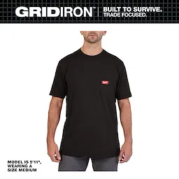 GRIDIRON Pocket T-Shirt - Short Sleeve in black, worn by a model who is 5'11" and wears a size medium.
