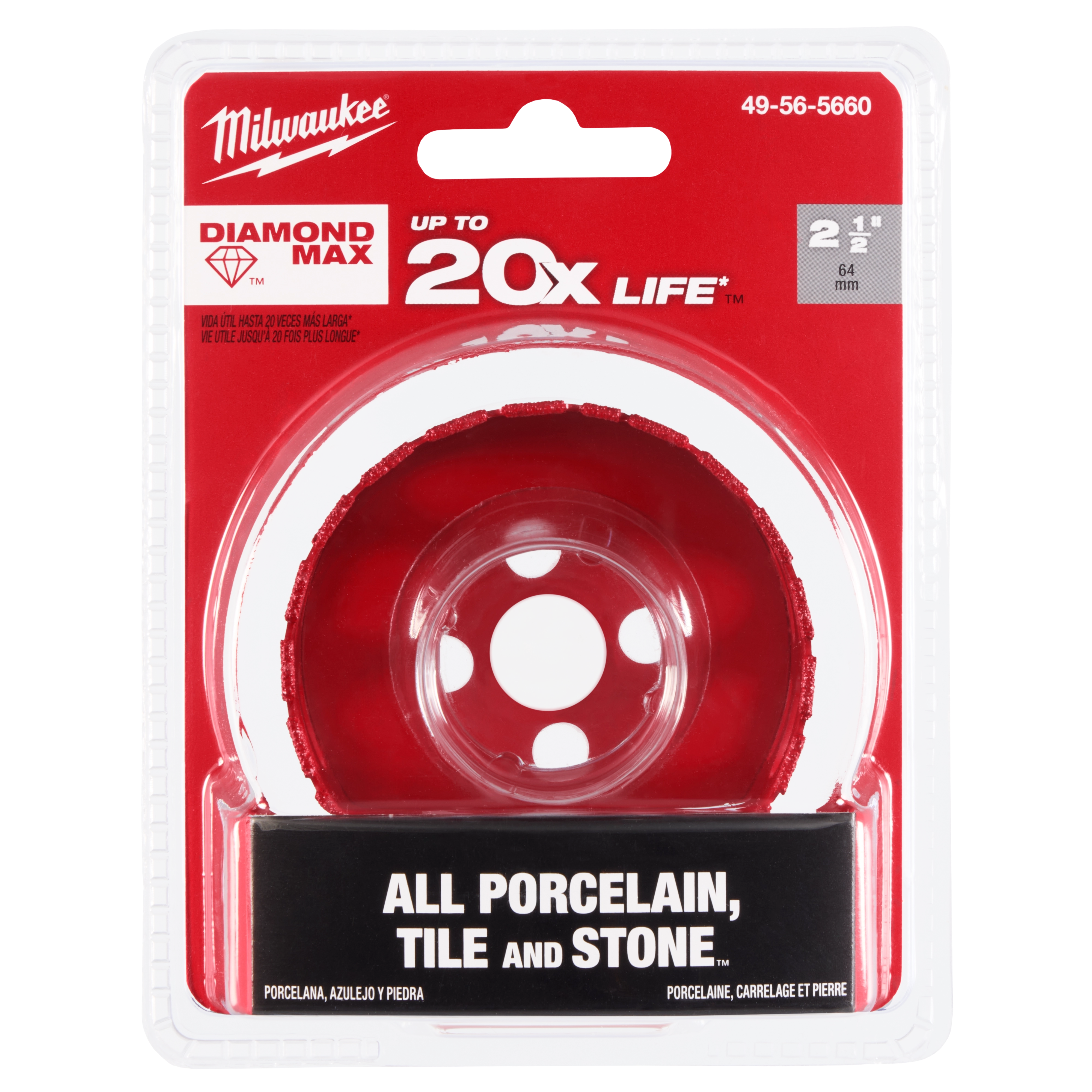 Milwaukee 2-1/2" Diamond Max Hole Saw with a red and white design, packaged for cutting porcelain, tile, and stone, offering up to 20x life.
