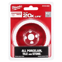 Milwaukee 2-1/2" Diamond Max Hole Saw with a red and white design, packaged for cutting porcelain, tile, and stone, offering up to 20x life.