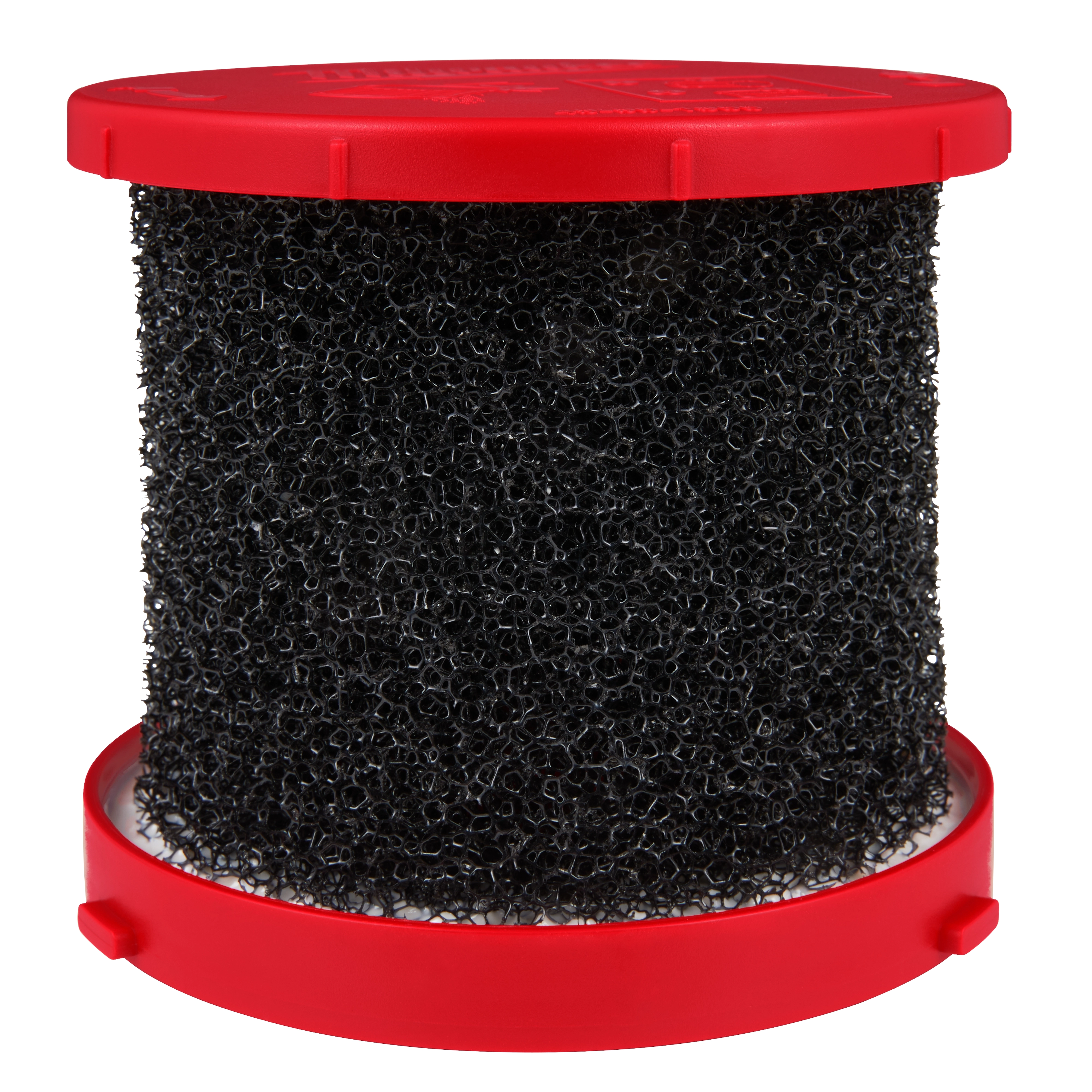 The Wet Foam Filter features a cylindrical black foam structure encased in red plastic end caps. The foam material is porous, aiding in filtration for wet applications.