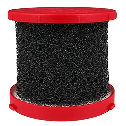 The Wet Foam Filter features a cylindrical black foam structure encased in red plastic end caps. The foam material is porous, aiding in filtration for wet applications.