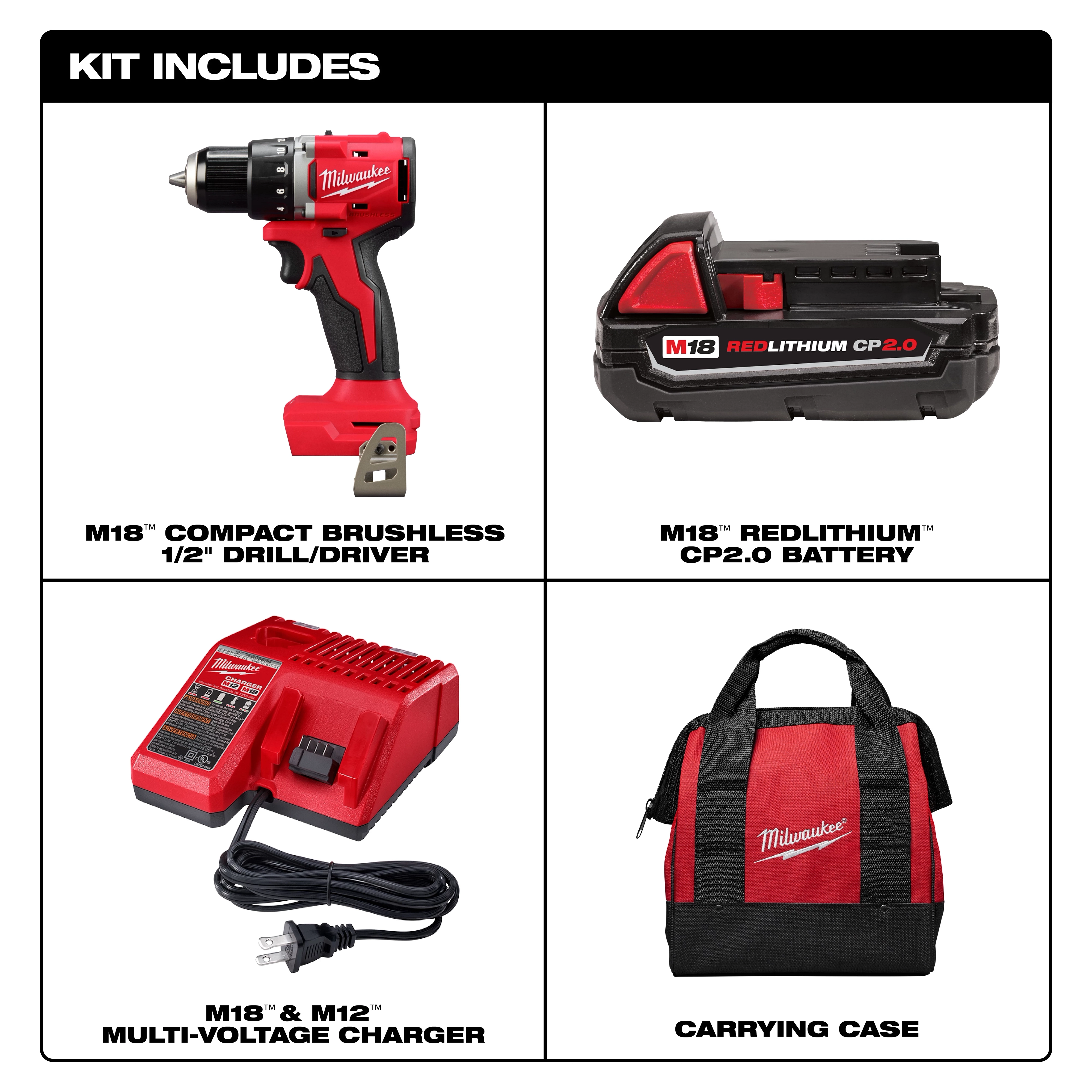 M18 Compact Brushless 1/2" Drill/Driver Kit includes drill/driver, Redlithium battery, multi-voltage charger, and carrying case.