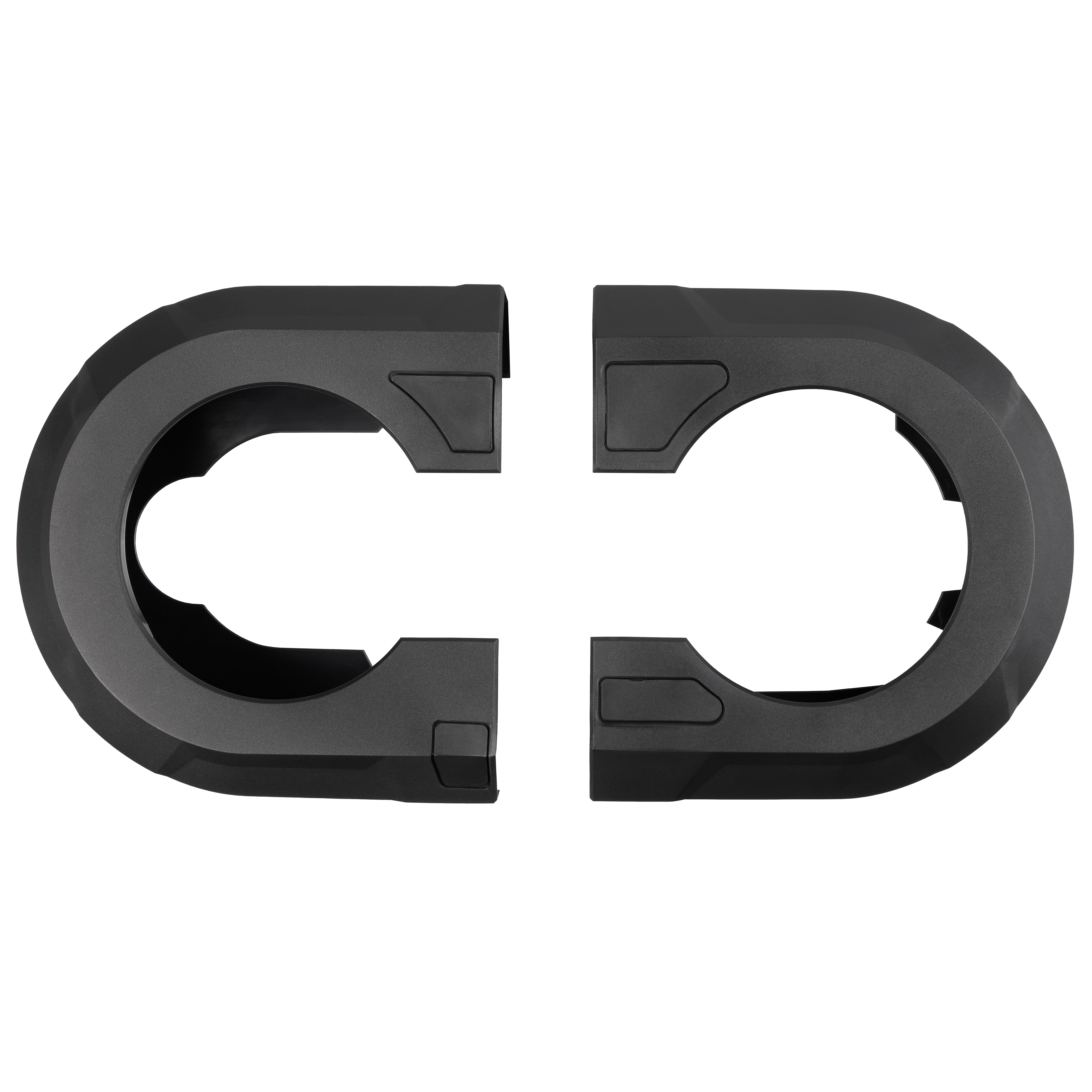The image shows two black M18 FUEL™ Deep Cut Band Saw Covers, designed in a semi-circular shape, positioned side by side to form a circle when put together. These covers are used for protective purposes on a band saw.