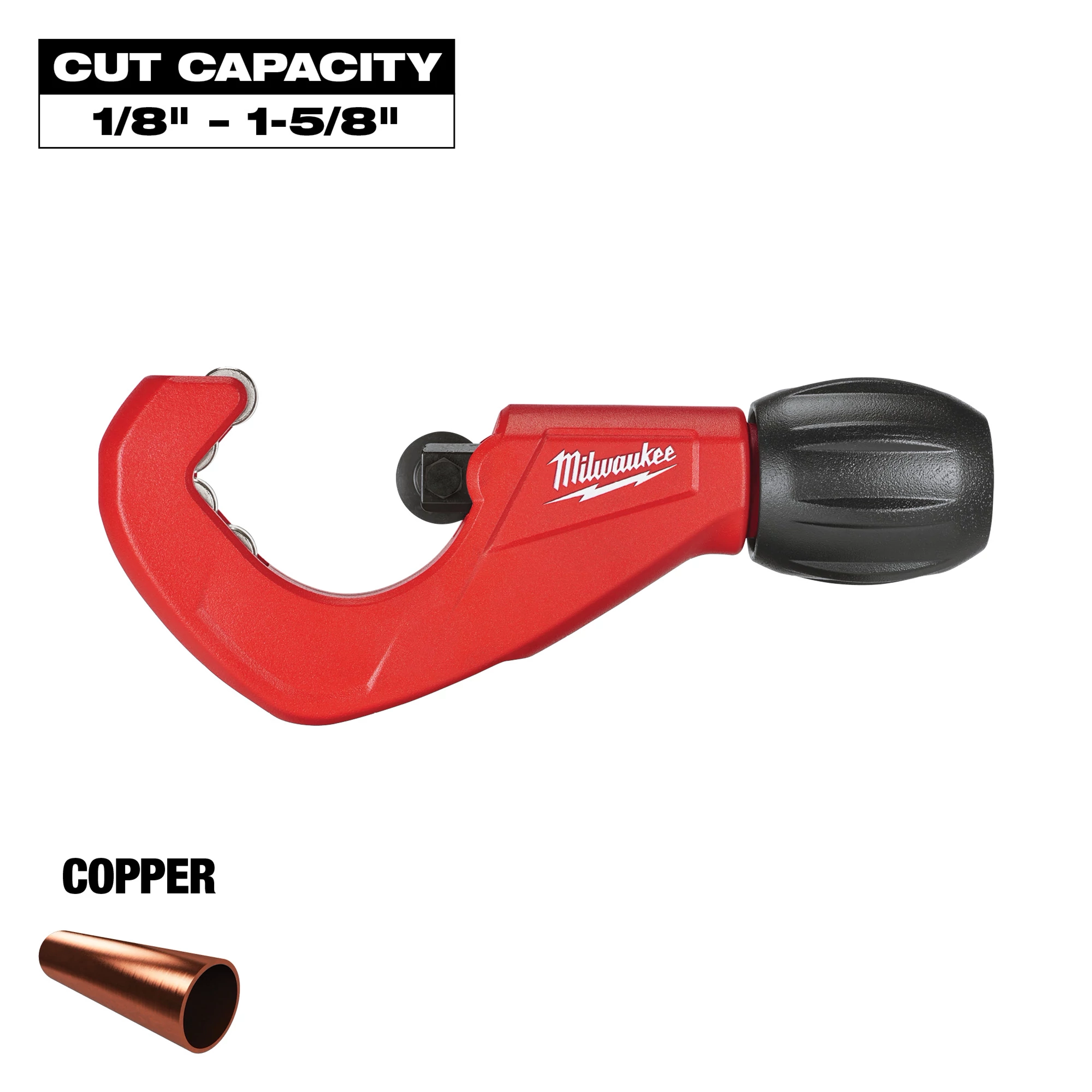 Milwaukee copper tubing cutter with a red and black handle. It includes a cut capacity range of 1/8 inch to 1-5/8 inches. A small copper pipe section and the word "COPPER" are shown below the tool.