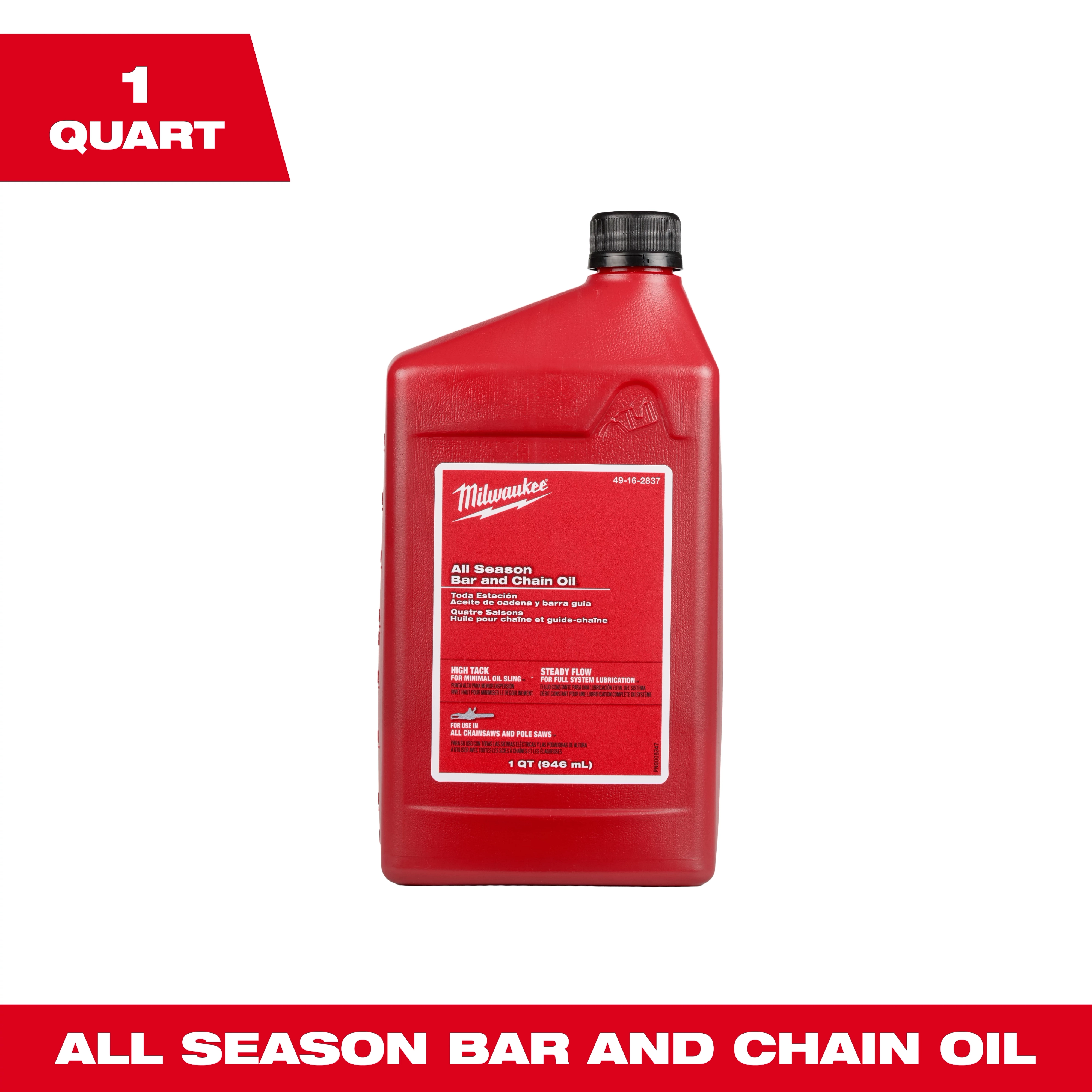 The image shows a Milwaukee-branded 1-quart red bottle of 1 Quart All Season Bar and Chain Oil. The label indicates that it is designed to reduce heat and maintain chainsaws and other chains.